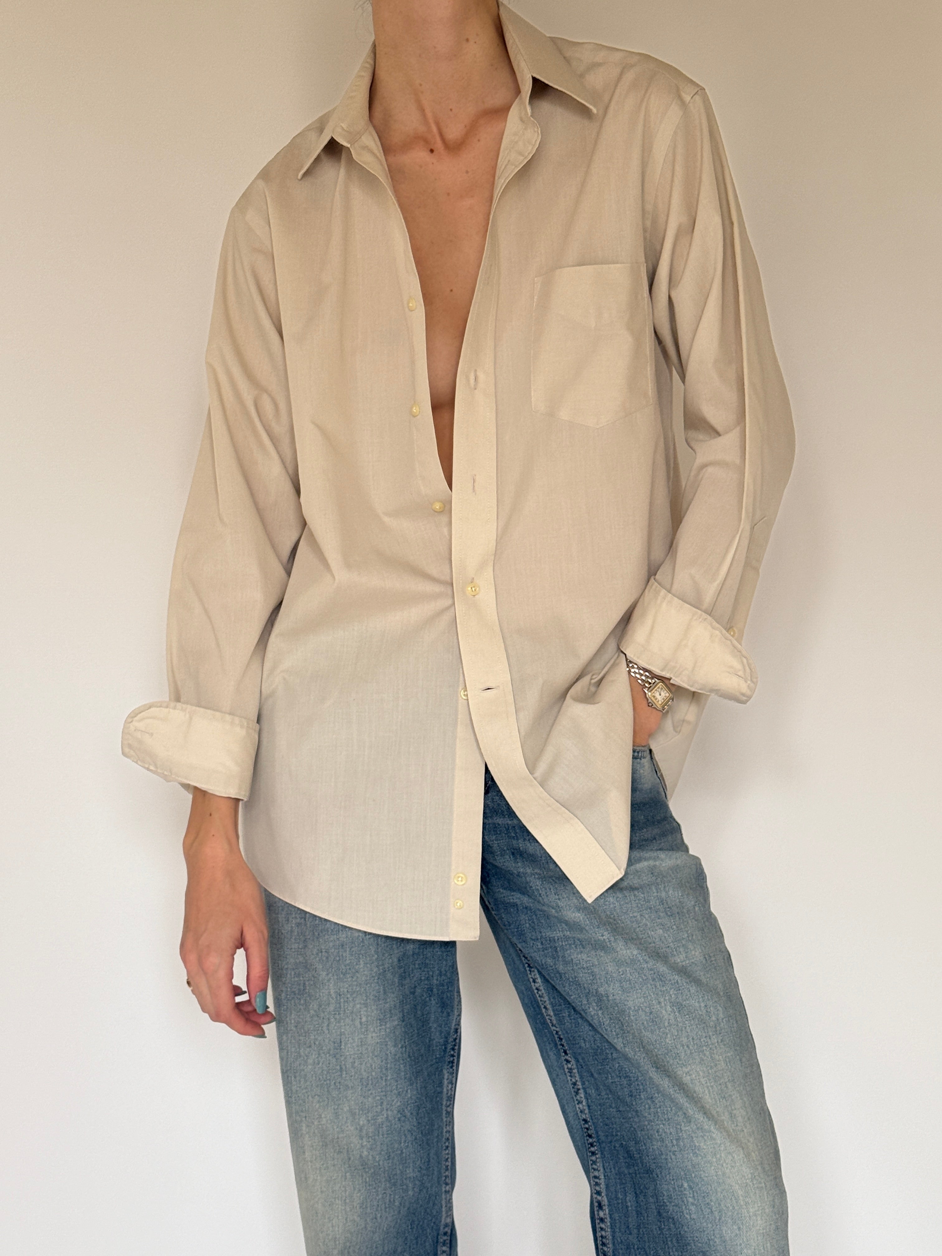 Vintage oversized beige button up shirt front view