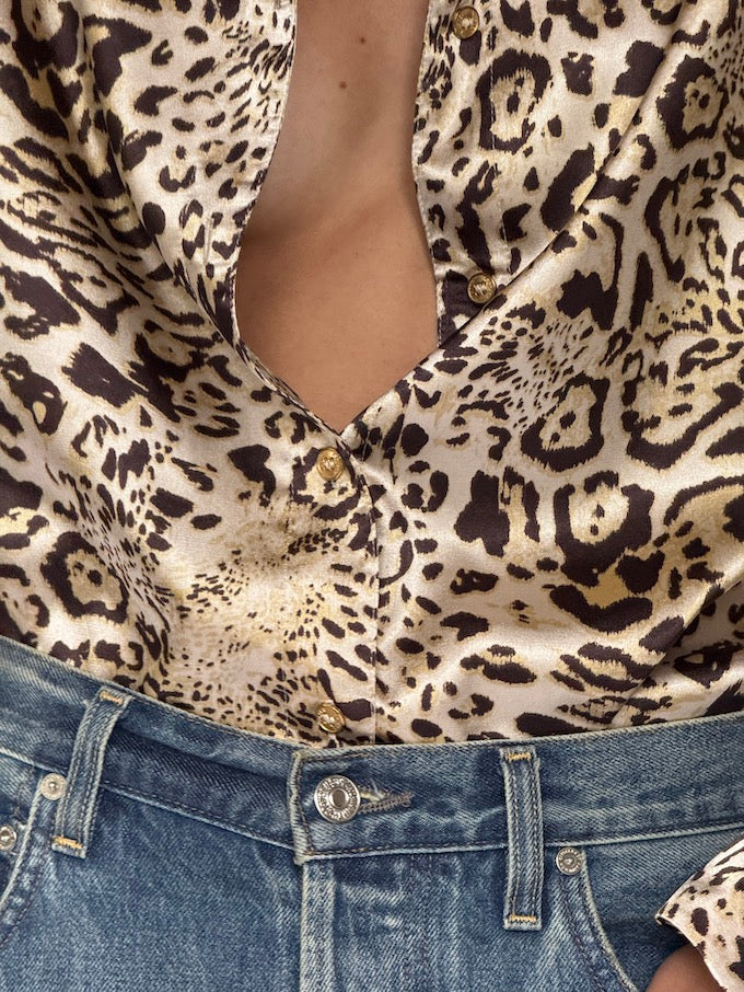 Vintage Satin Leopard Blouse 6393