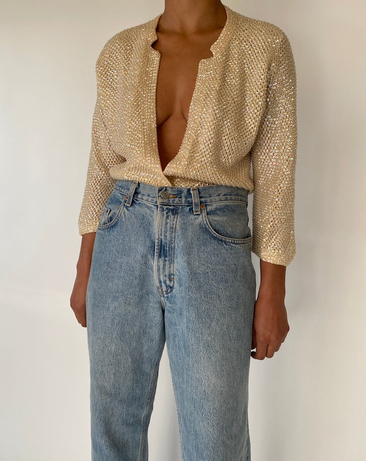 VINTAGE SEQUIN LIGHT BEIGE CARDIGAN 2306
