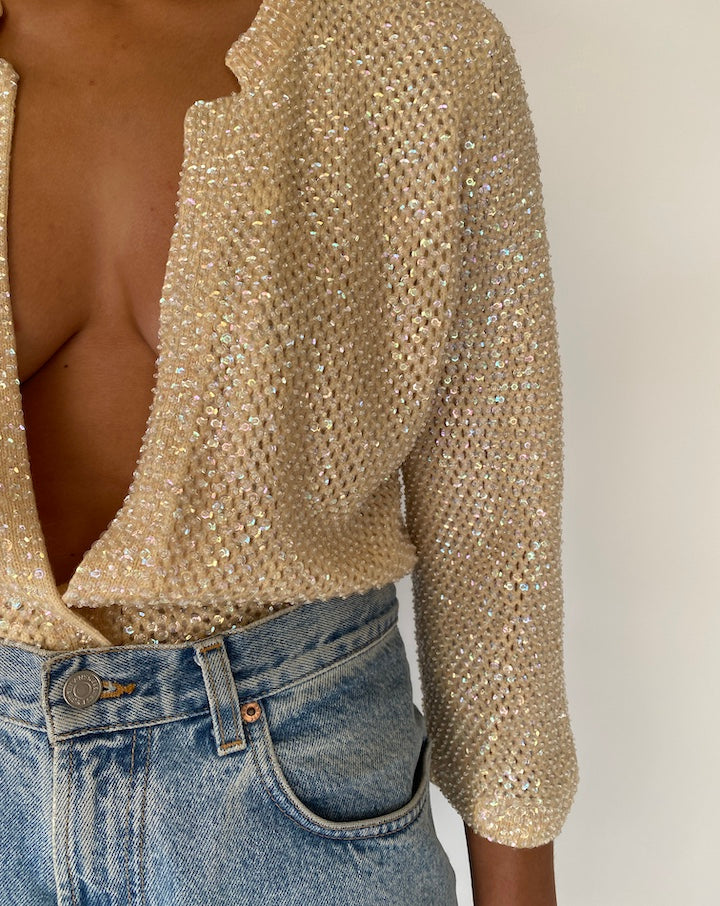 VINTAGE SEQUIN LIGHT BEIGE CARDIGAN 2306