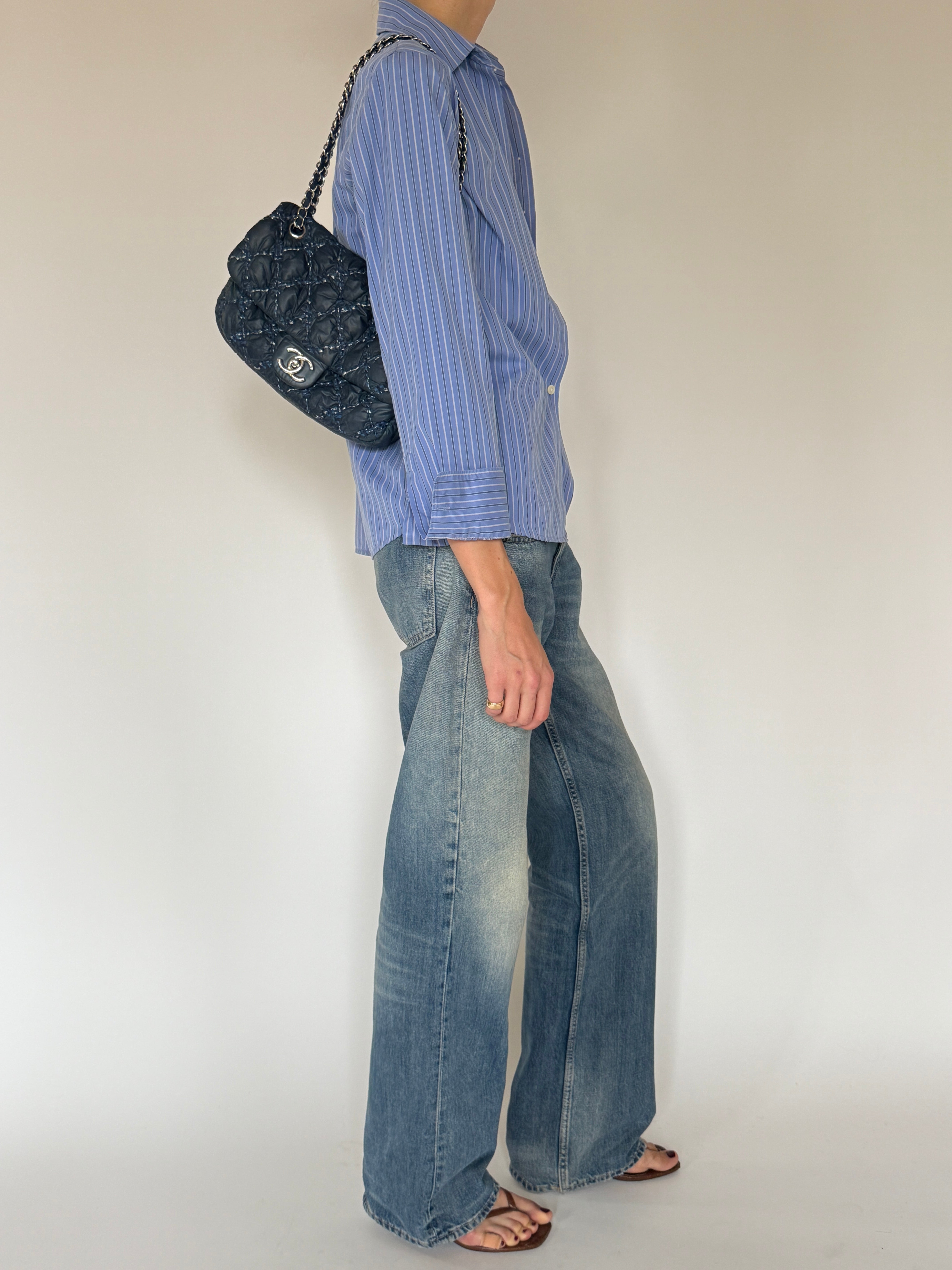 Vintage blue striped cotton button-up shirt side view
