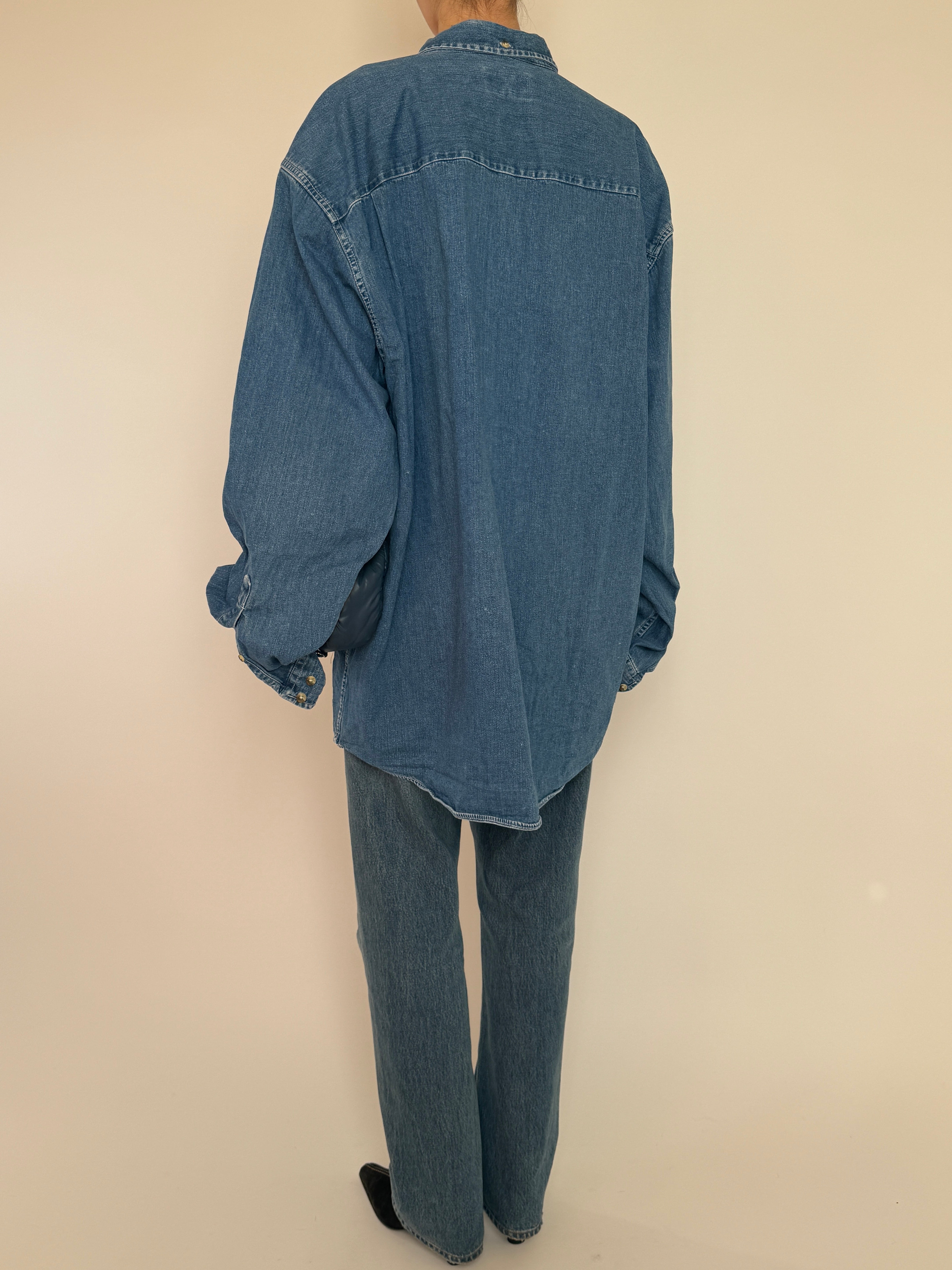 Vintage denim button-up shirt back view