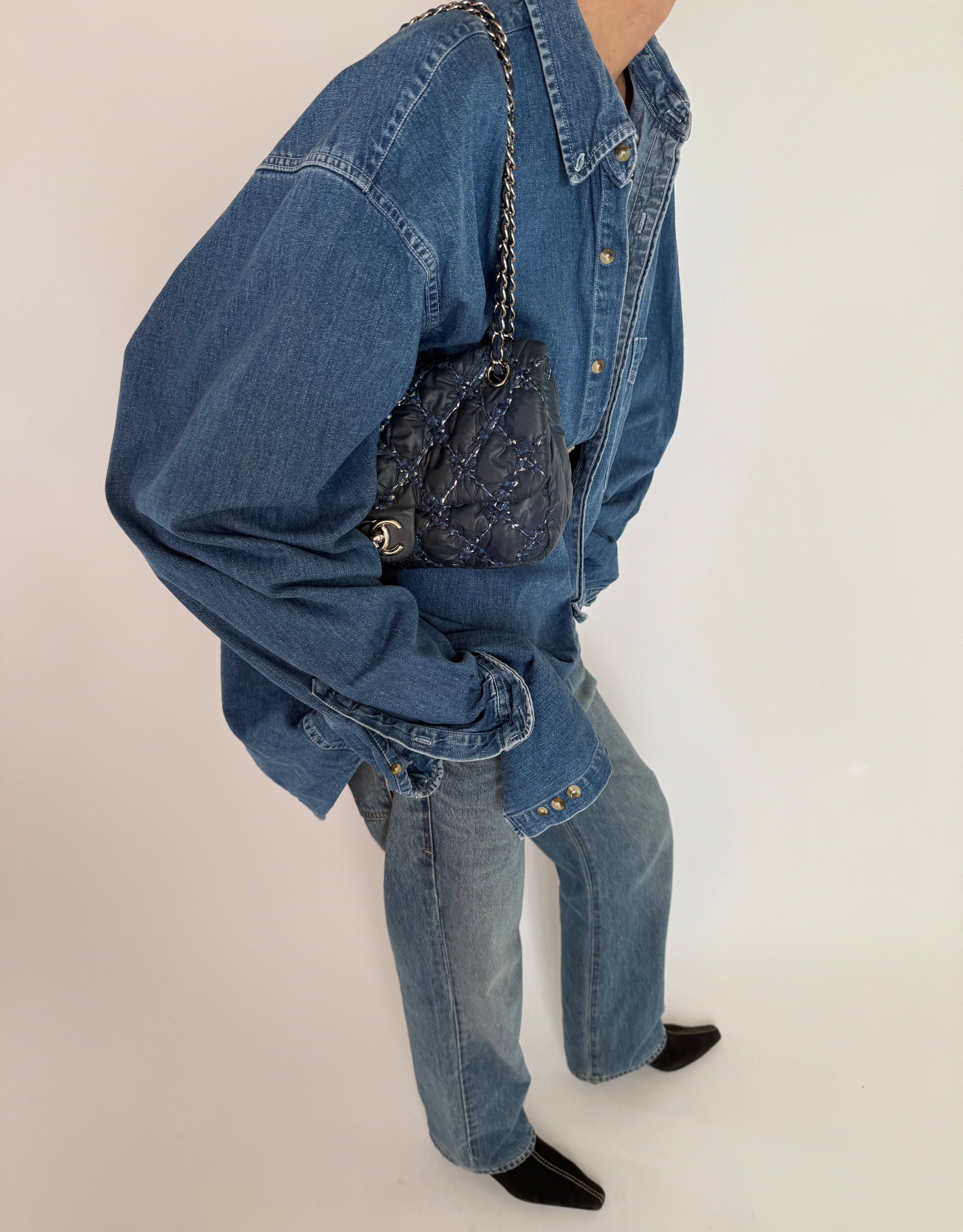 Vintage blue denim long sleeve shirt side view