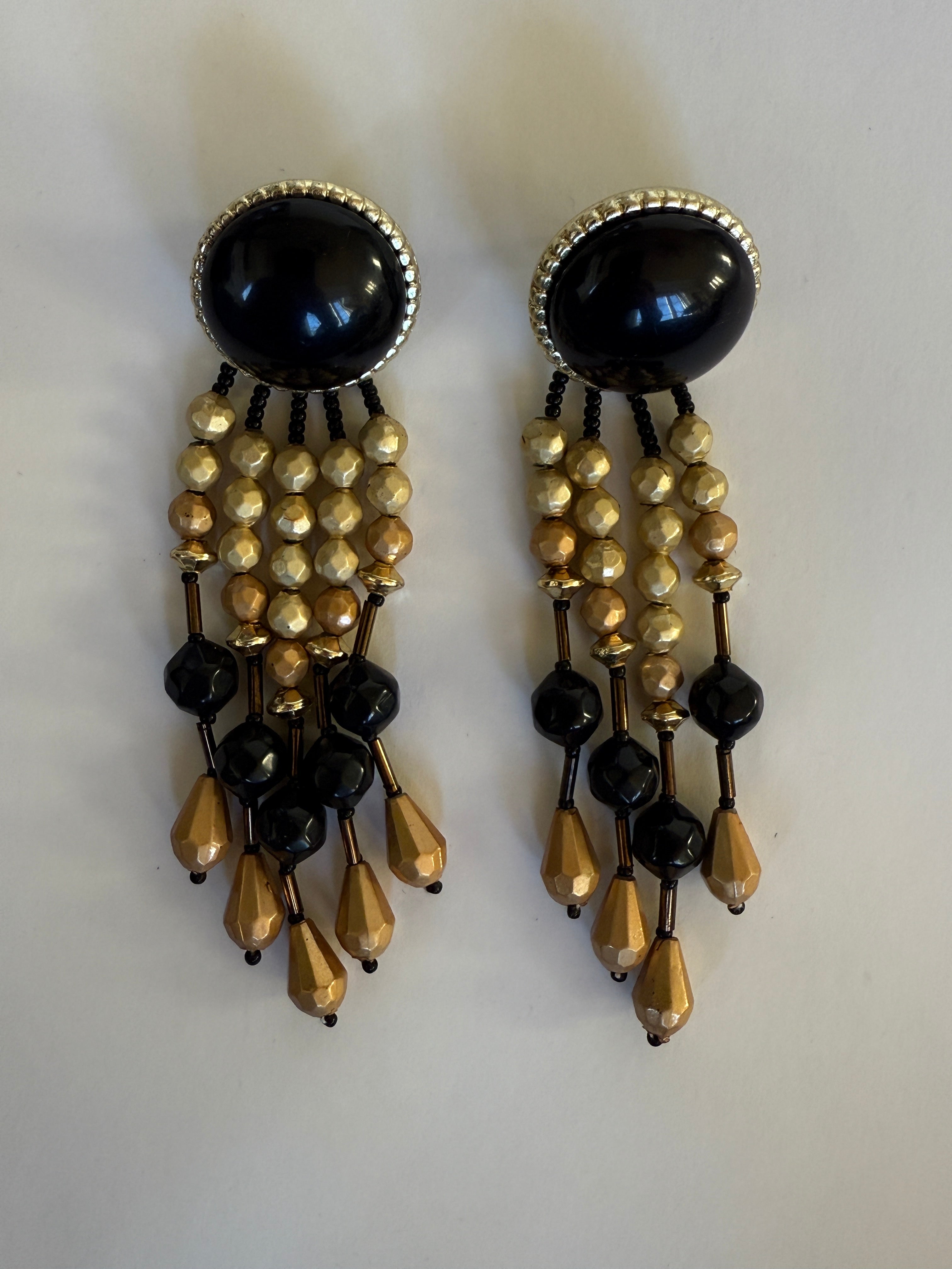 Vintage black and gold beaded drop earrings front view