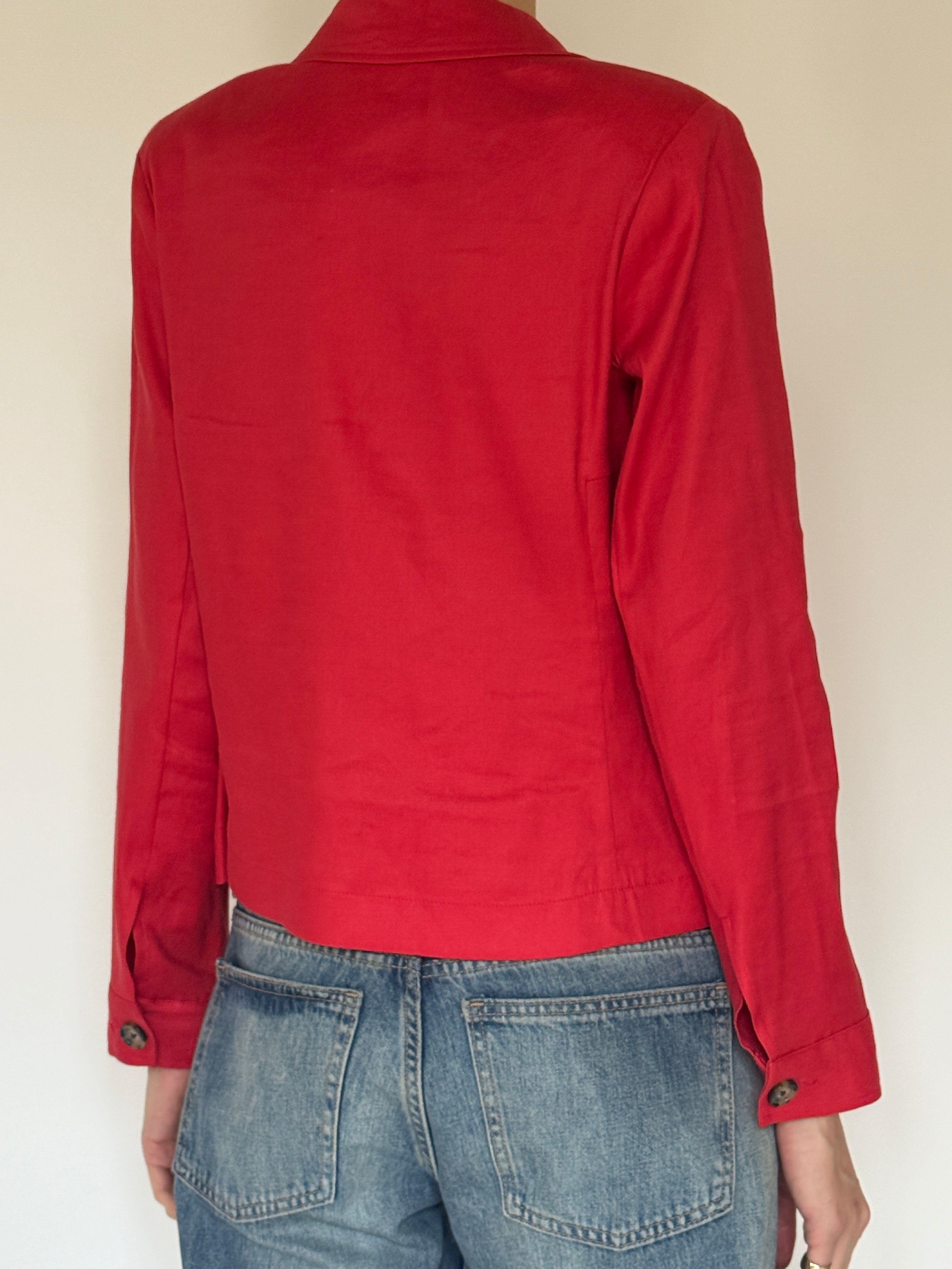 Vintage fitted red button-up shirt back view