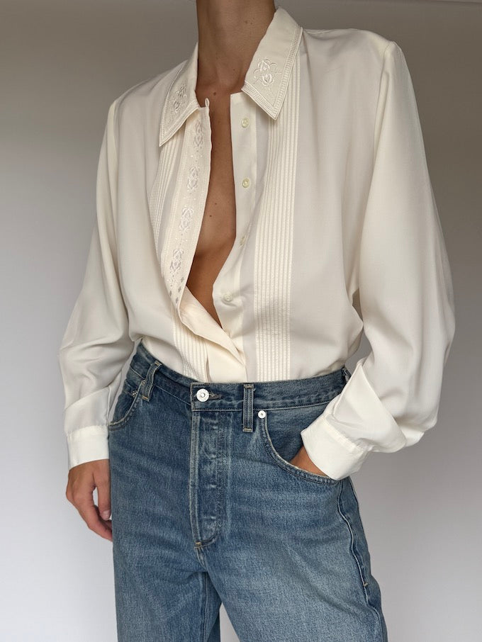 Vintage Cream Embroidered Blouse with Tuxedo Detailing 6395