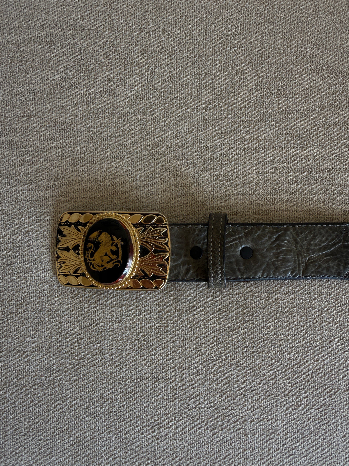 Vintage Statement Buckle Leather Belt Grey-Green