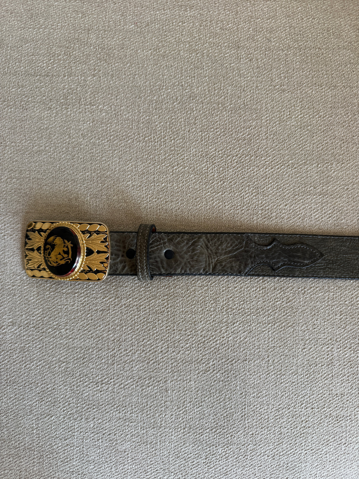 Vintage Statement Buckle Leather Belt Grey-Green