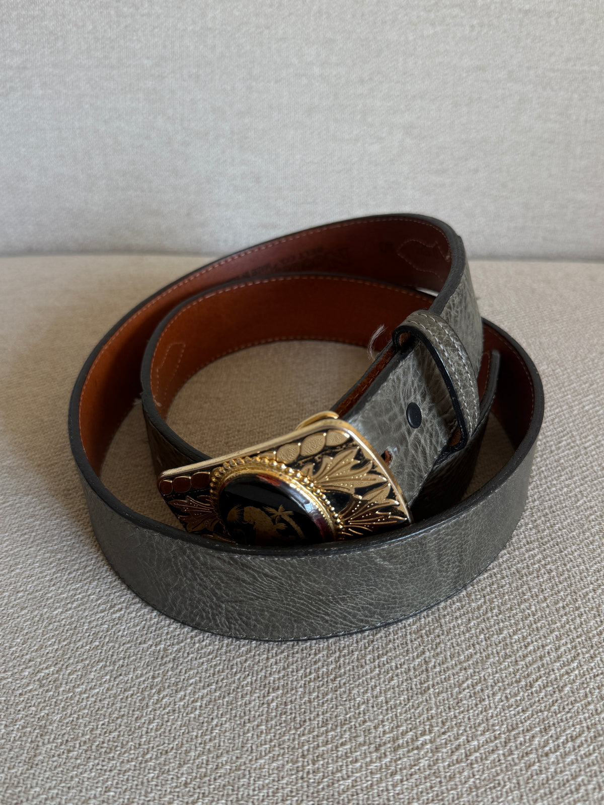 Vintage Statement Buckle Leather Belt Grey-Green