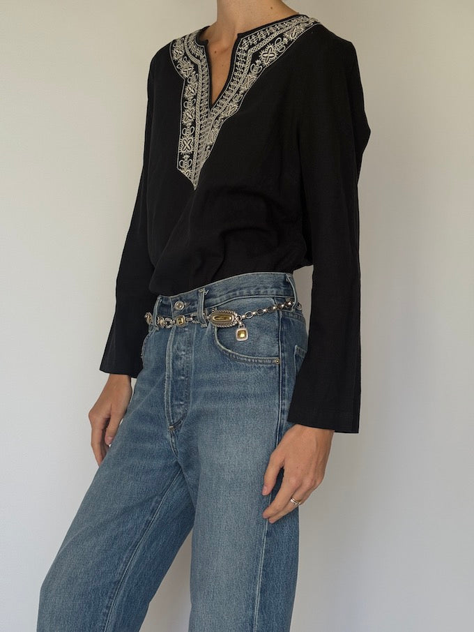 Vintage Bohemian Embroidered V-Neck Tunic black 6265