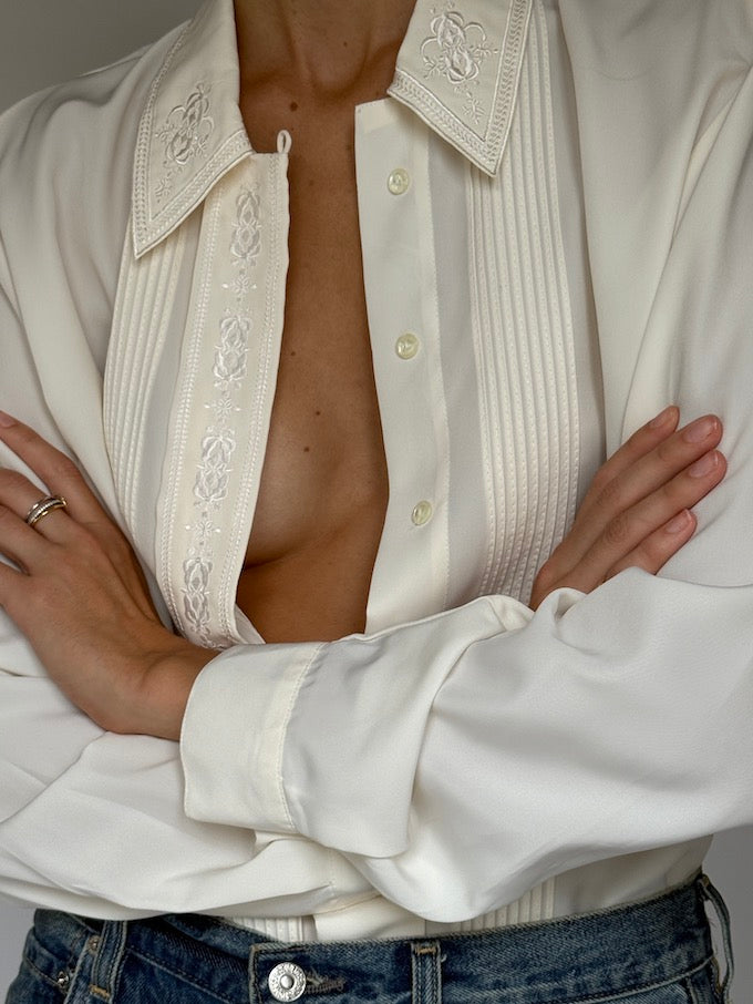Vintage Cream Embroidered Blouse with Tuxedo Detailing 6395