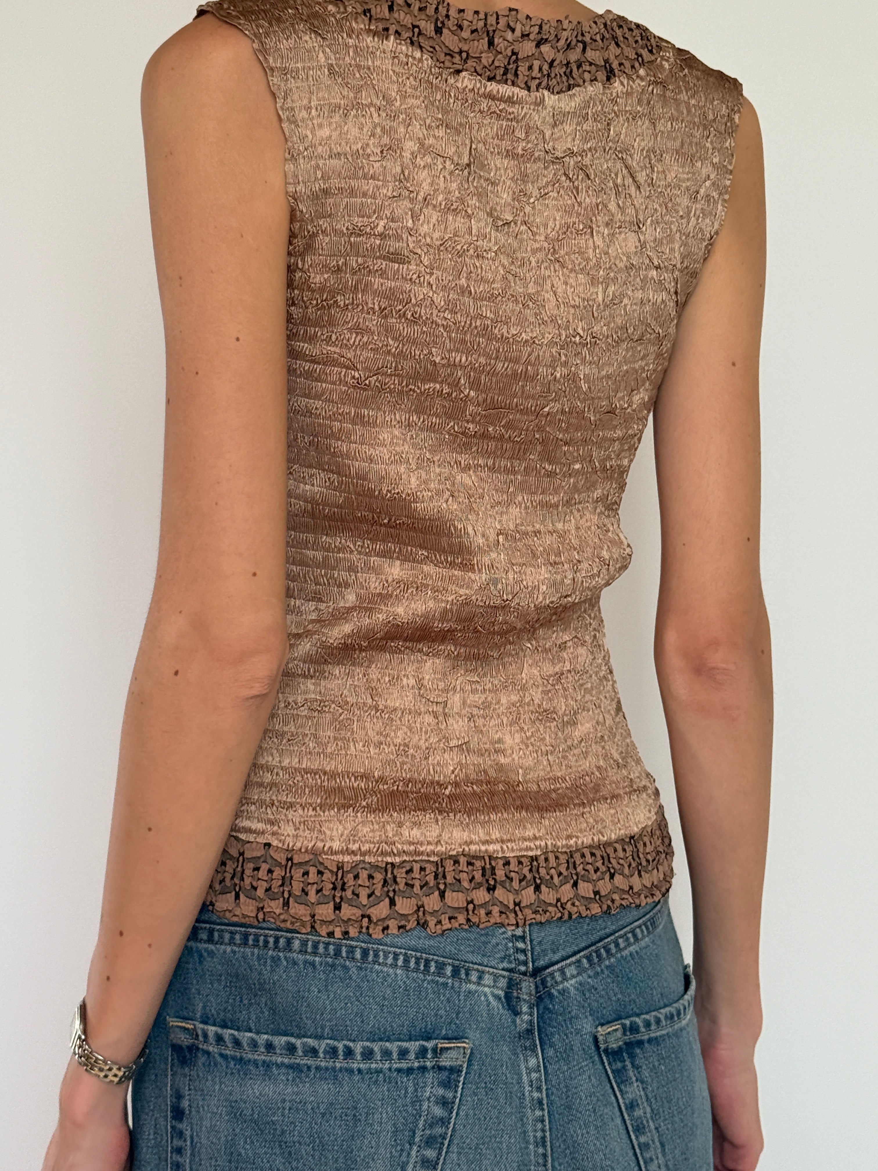 Vintage brown sleeveless textured sequin trim top back view