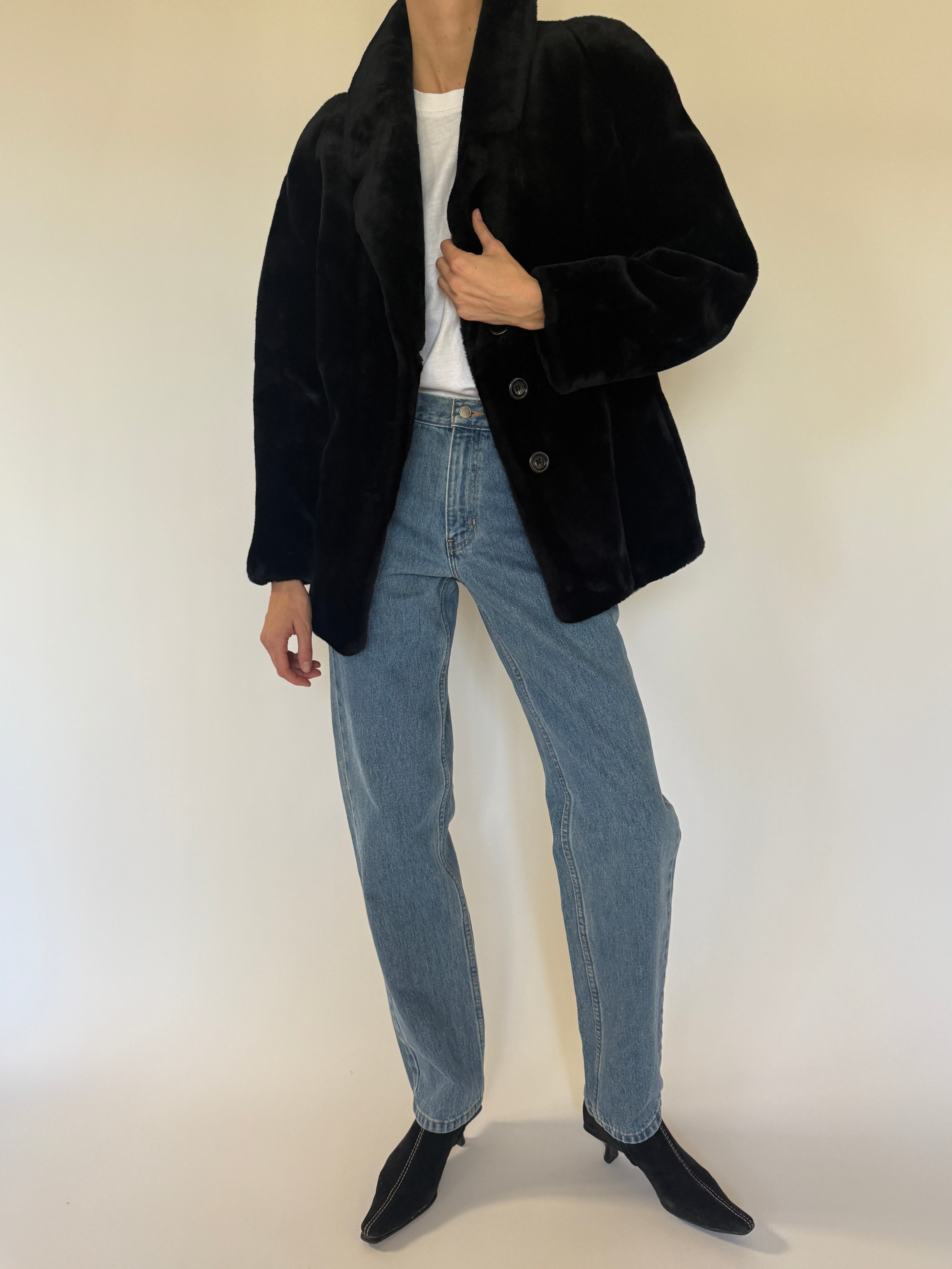 Vintage black faux fur coat front view