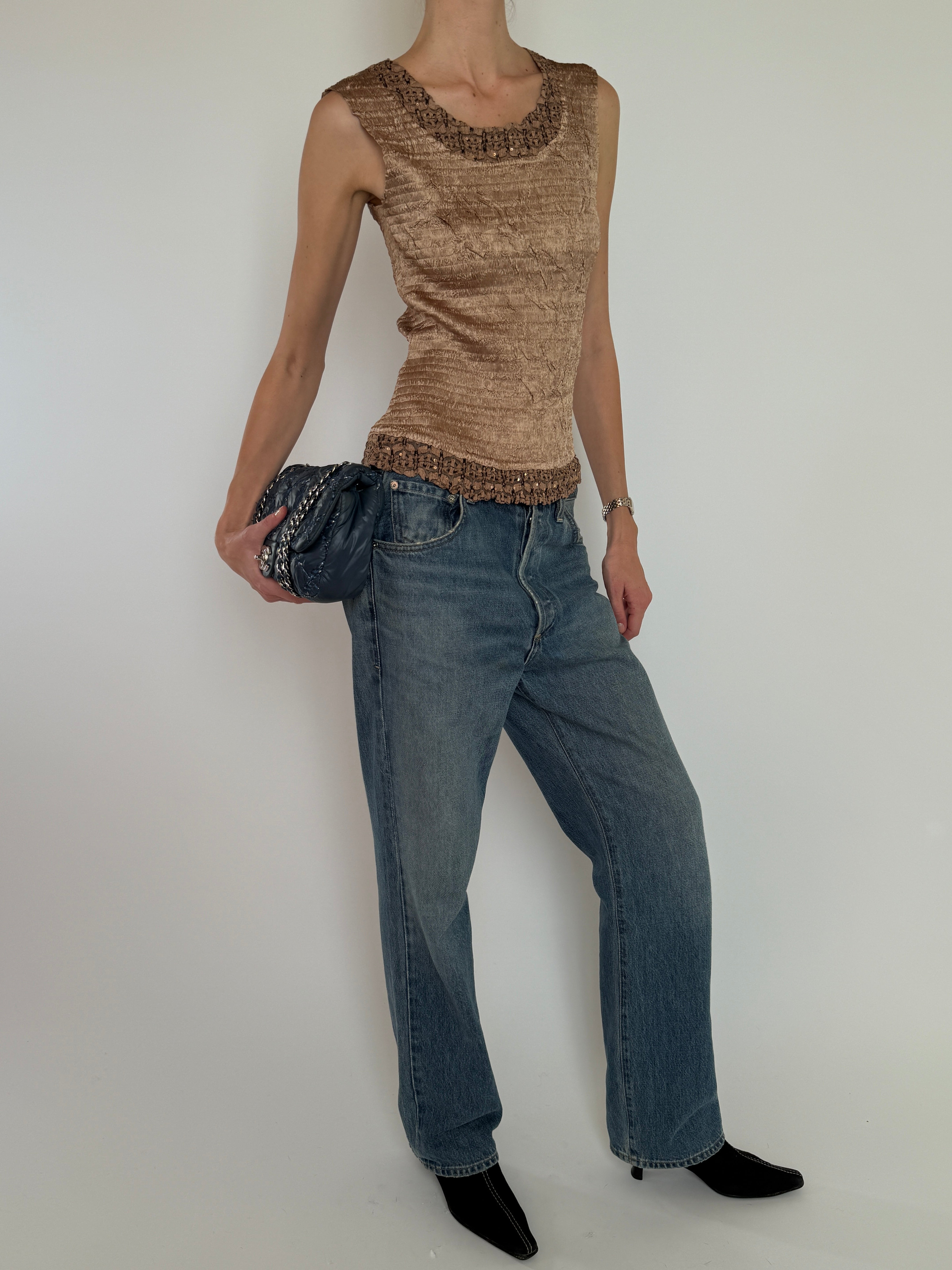 Vintage brown sleeveless textured sequin trim top front view