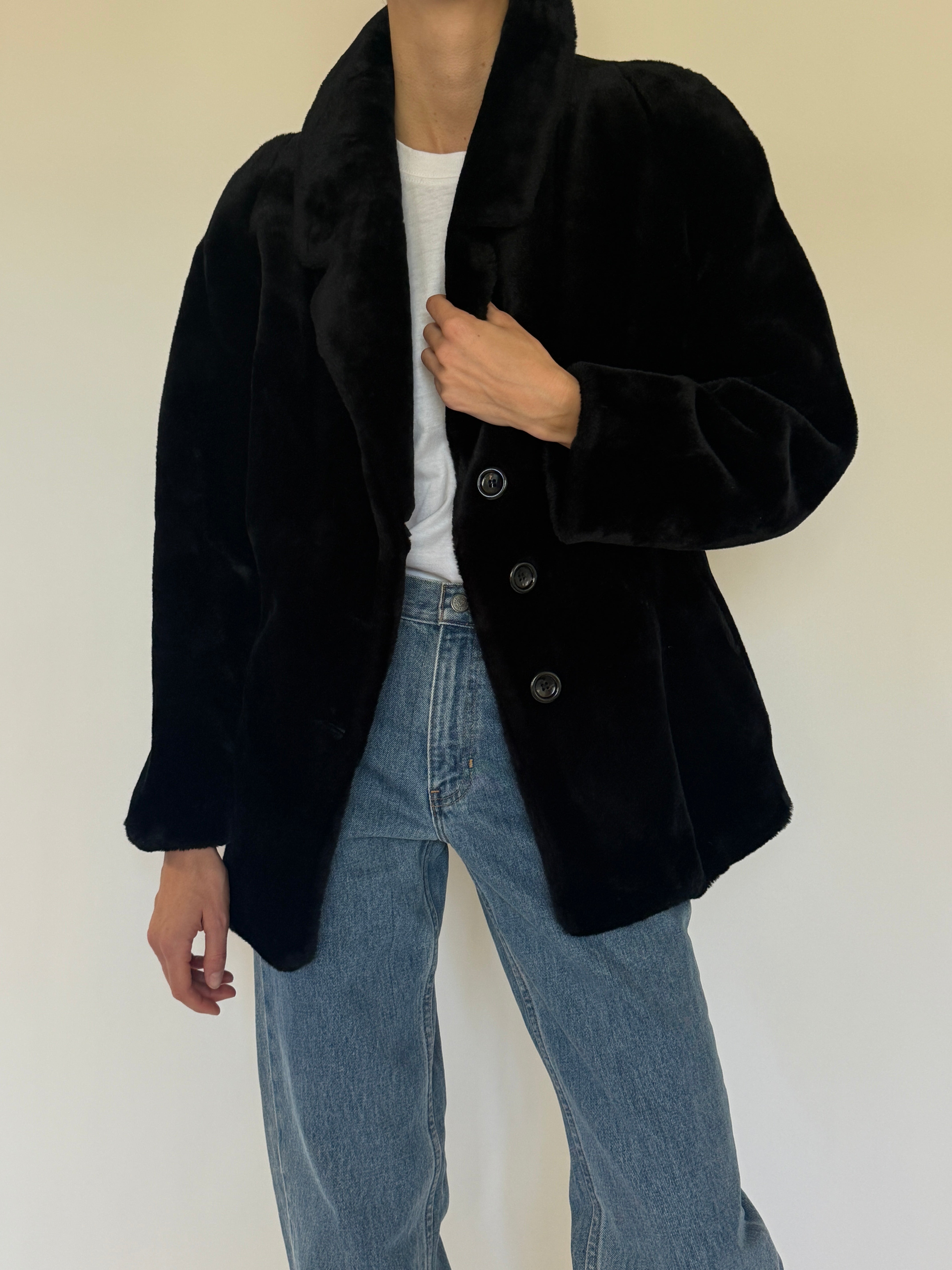 Vintage black faux fur coat button detail