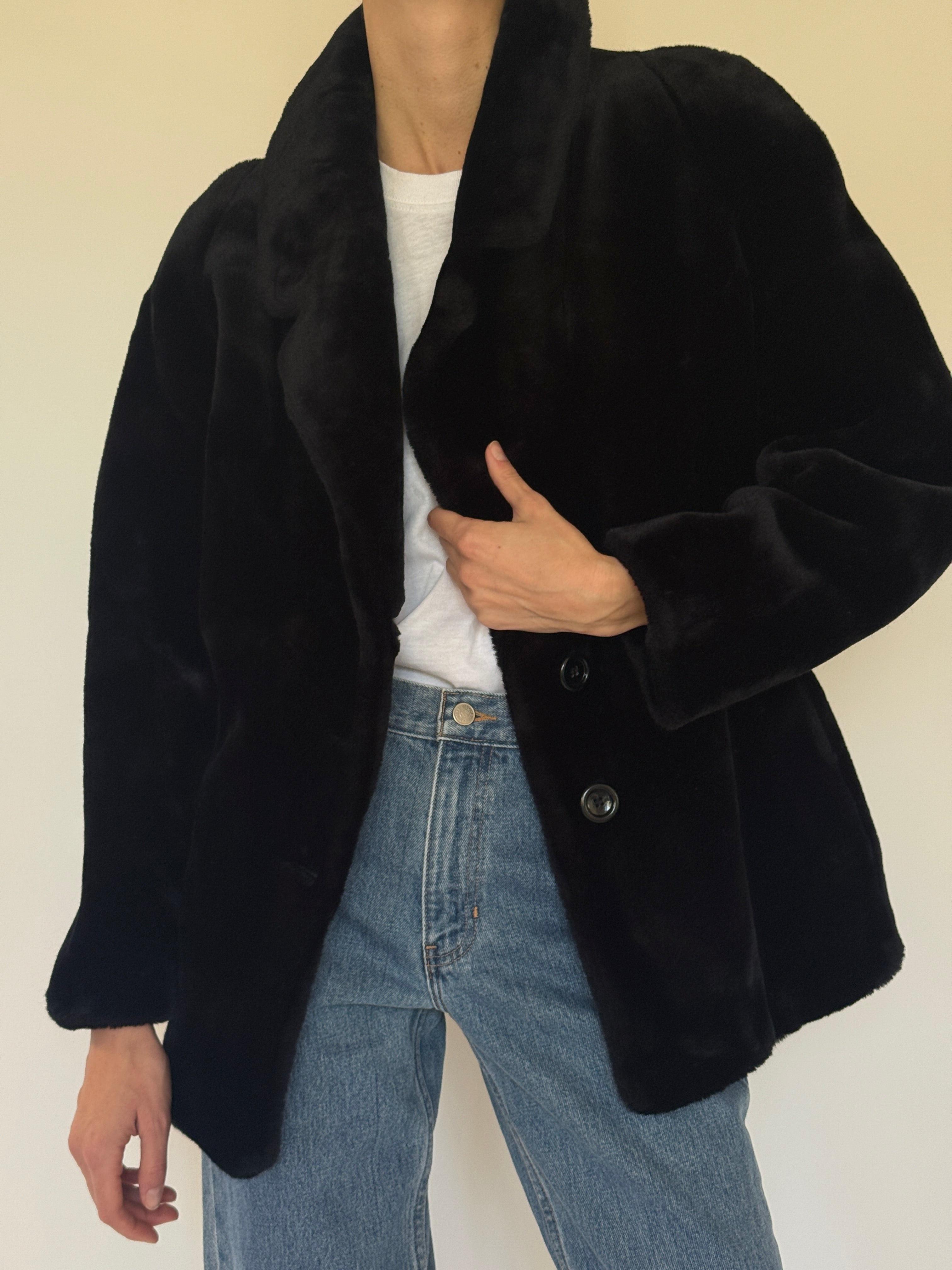 Vintage black faux fur coat pocket detail