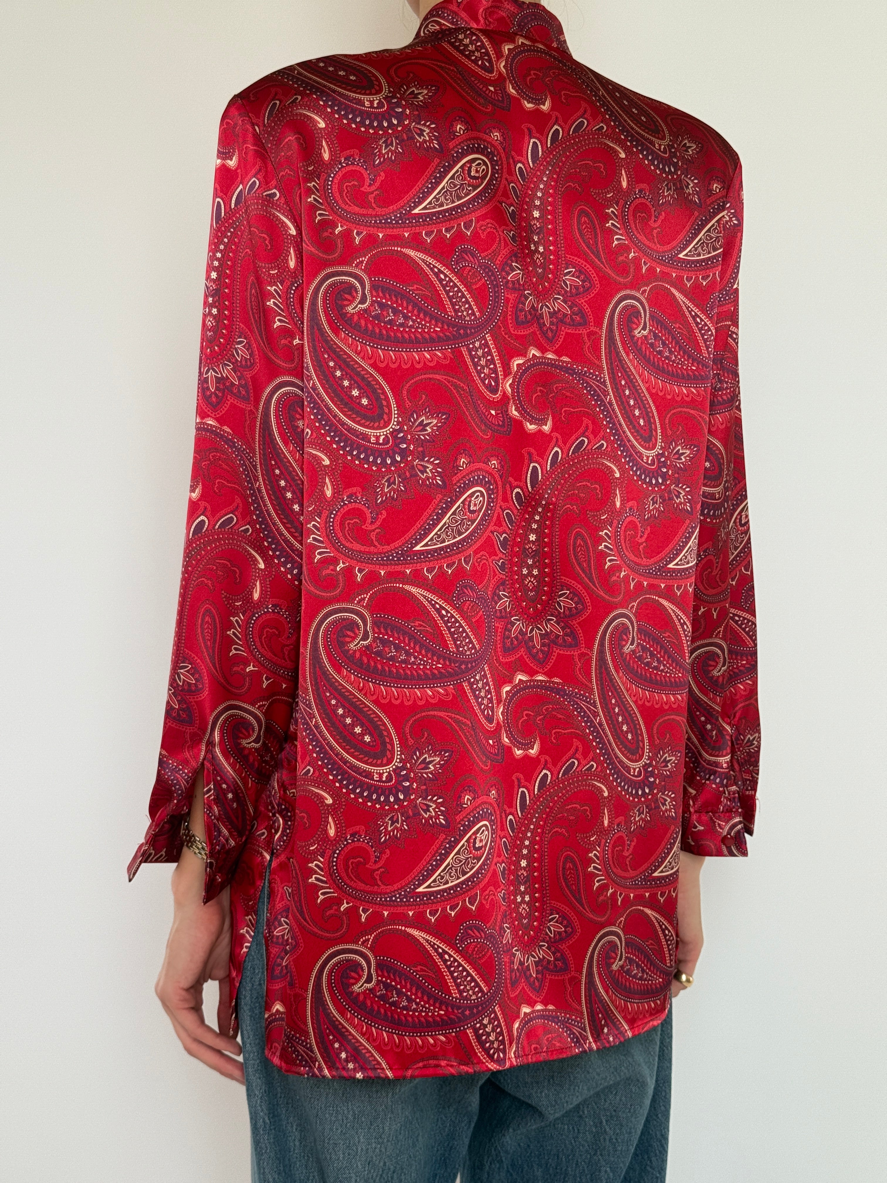 Vintage lightweight silk shirt with allover paisley print in red back view
