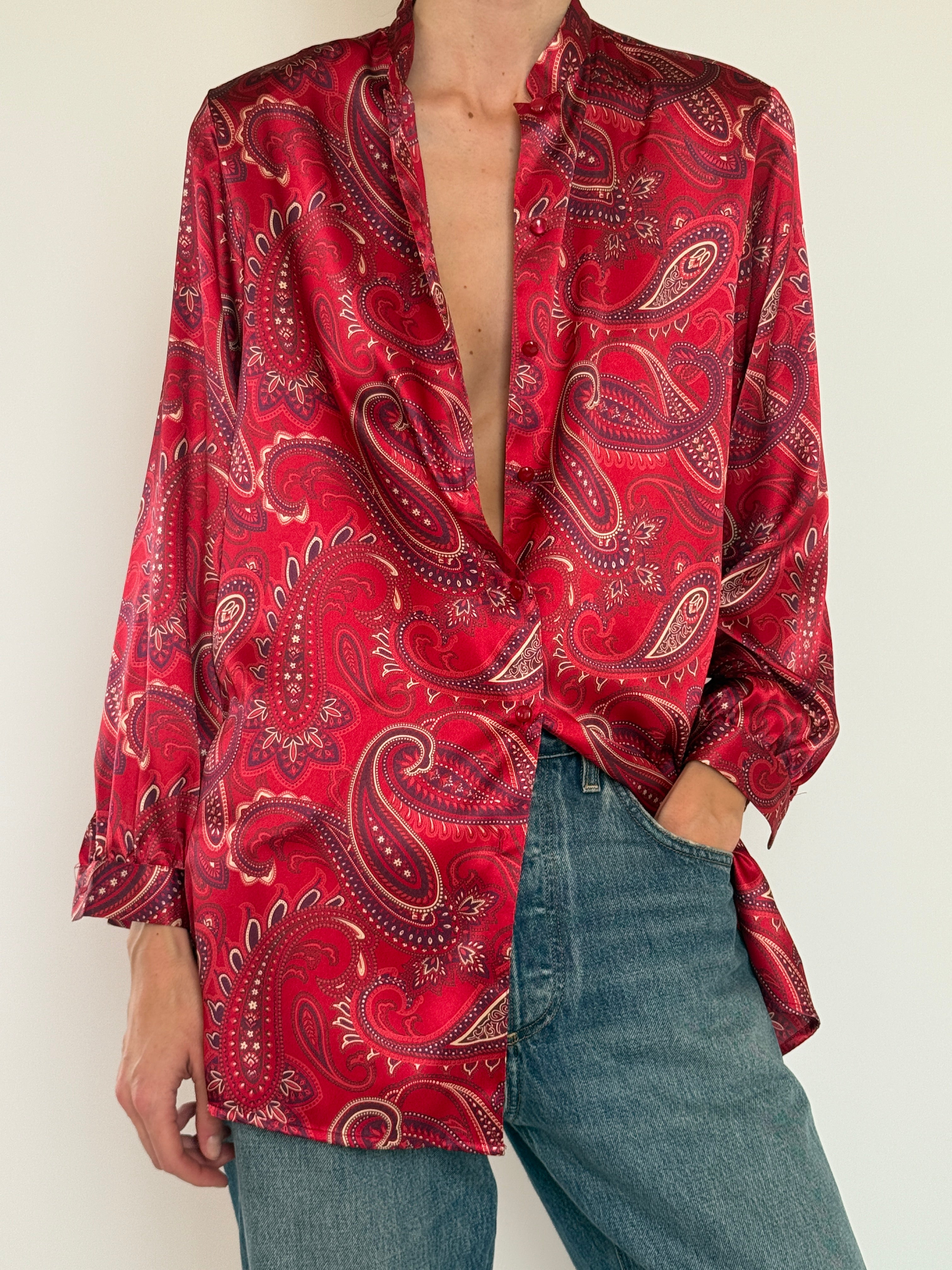 Vintage lightweight silk shirt with allover paisley print in red