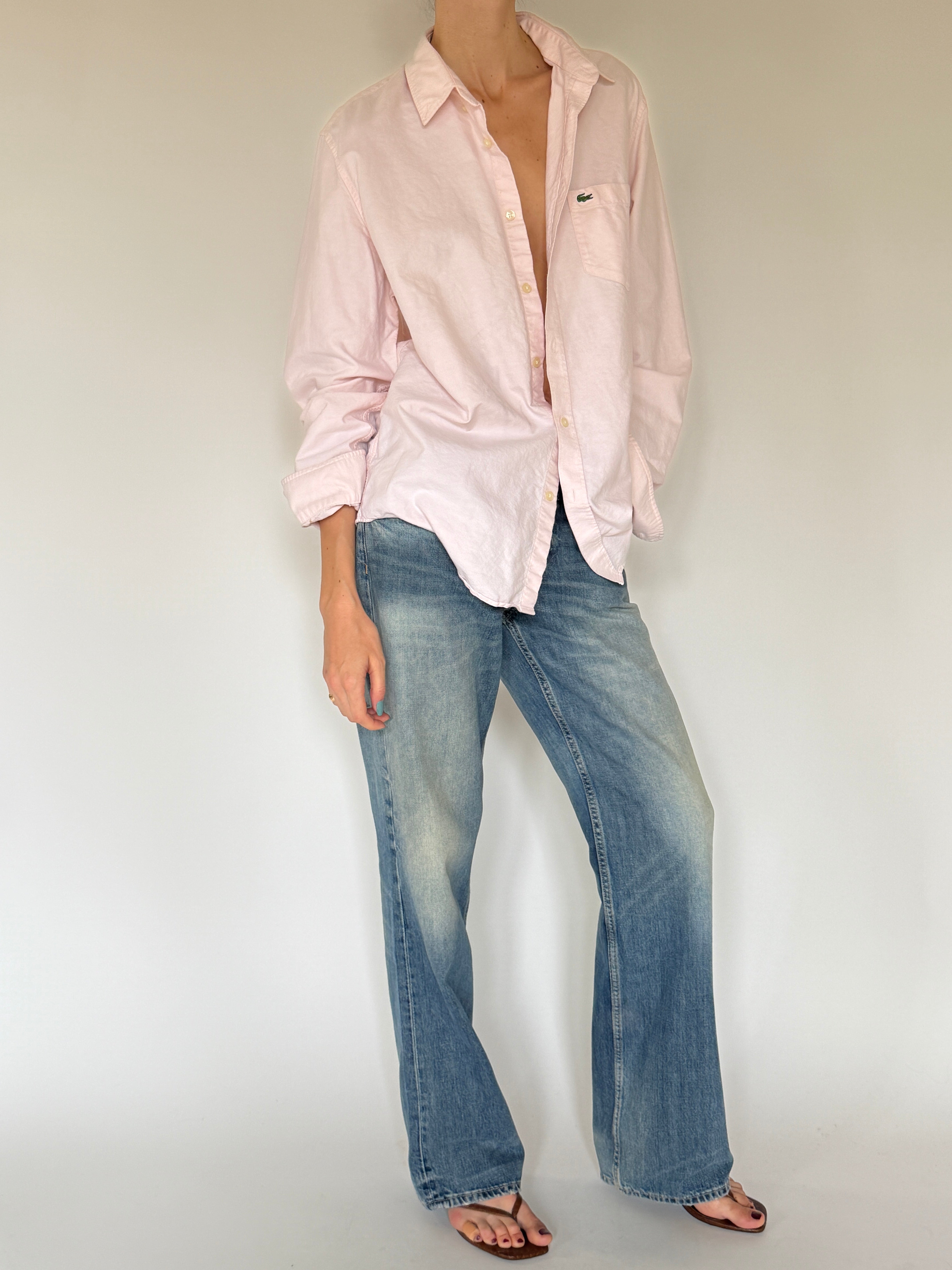 Vintage Lacoste oversized pink cotton button-up shirt front view