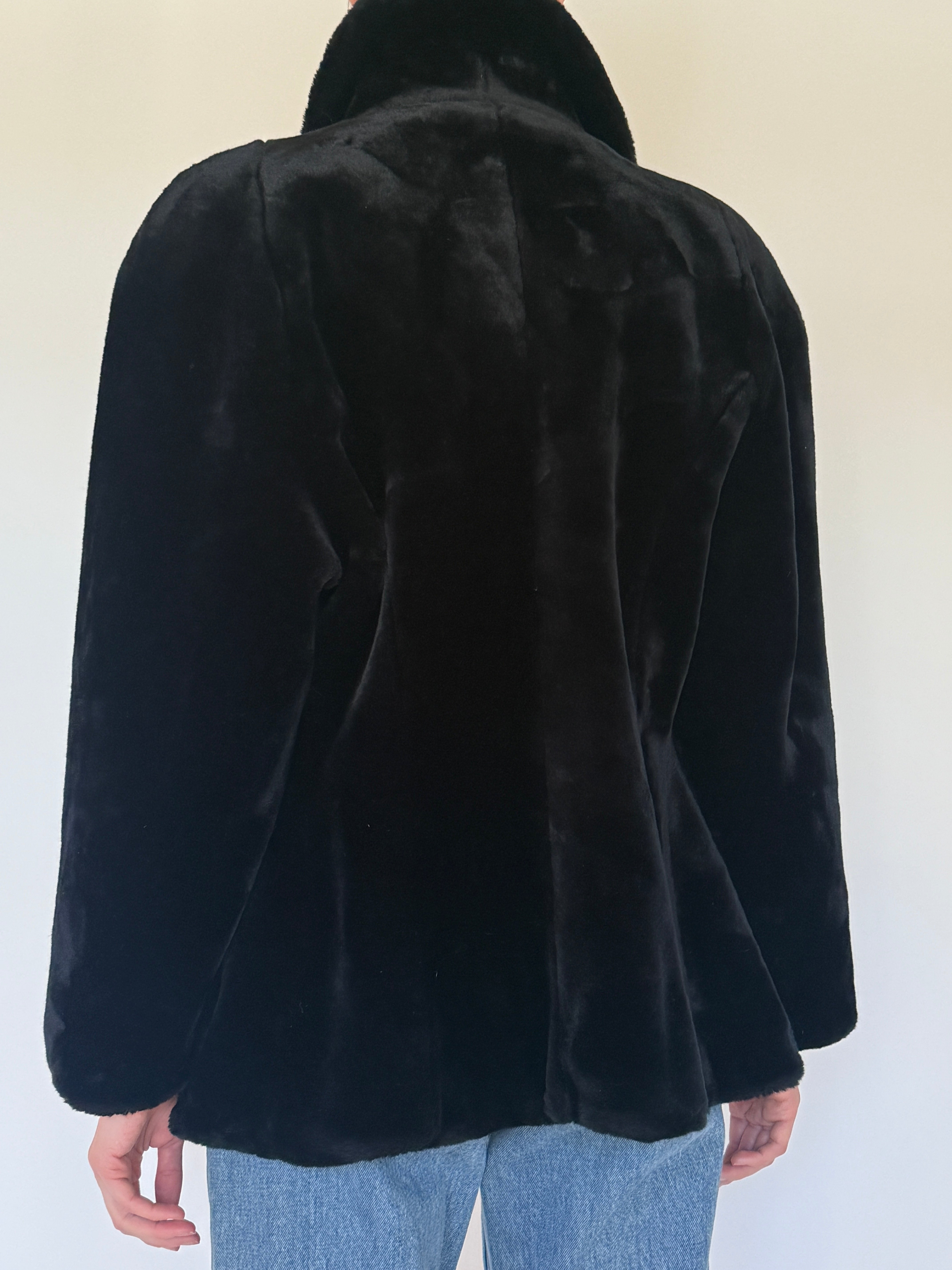 Vintage black faux fur coat back view
