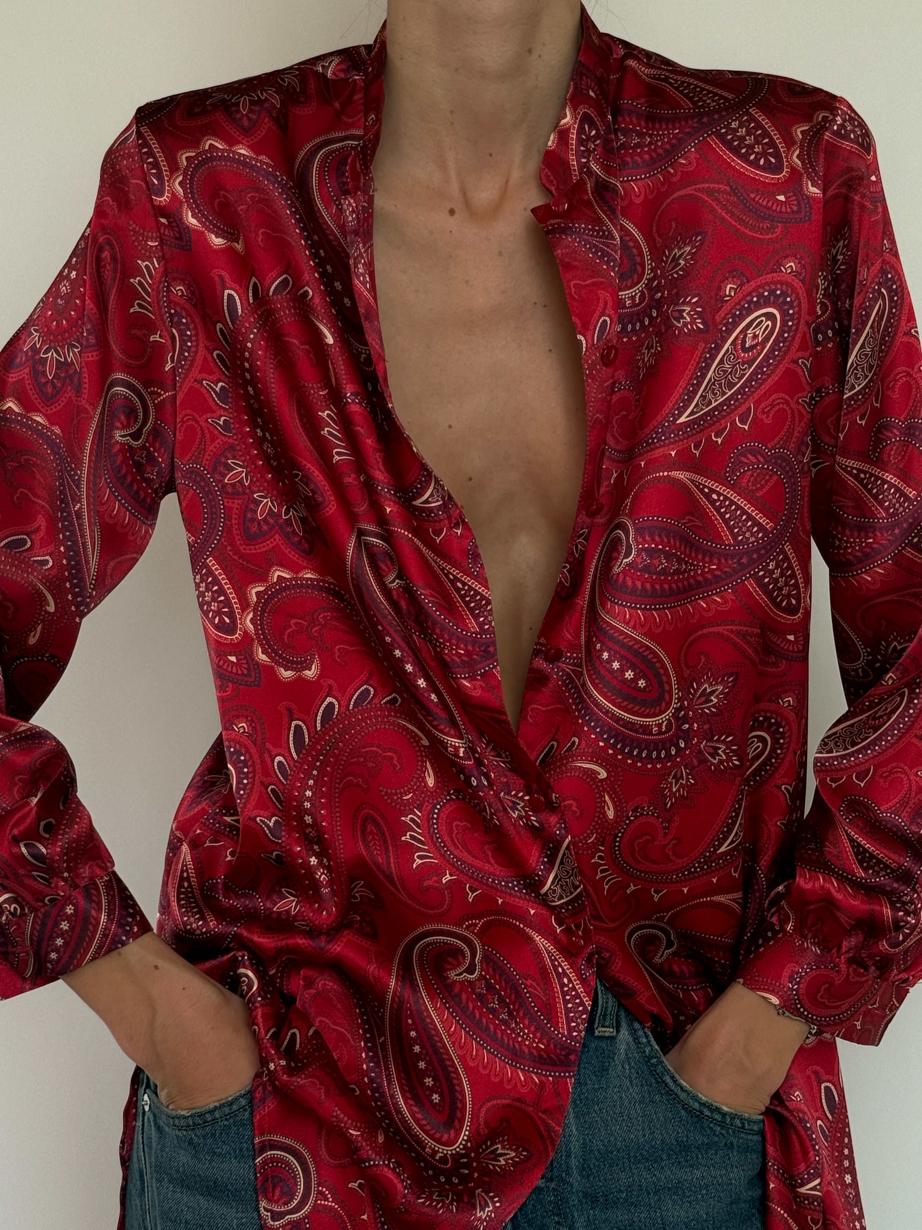 Vintage red paisley silk shirt with relaxed silhouette