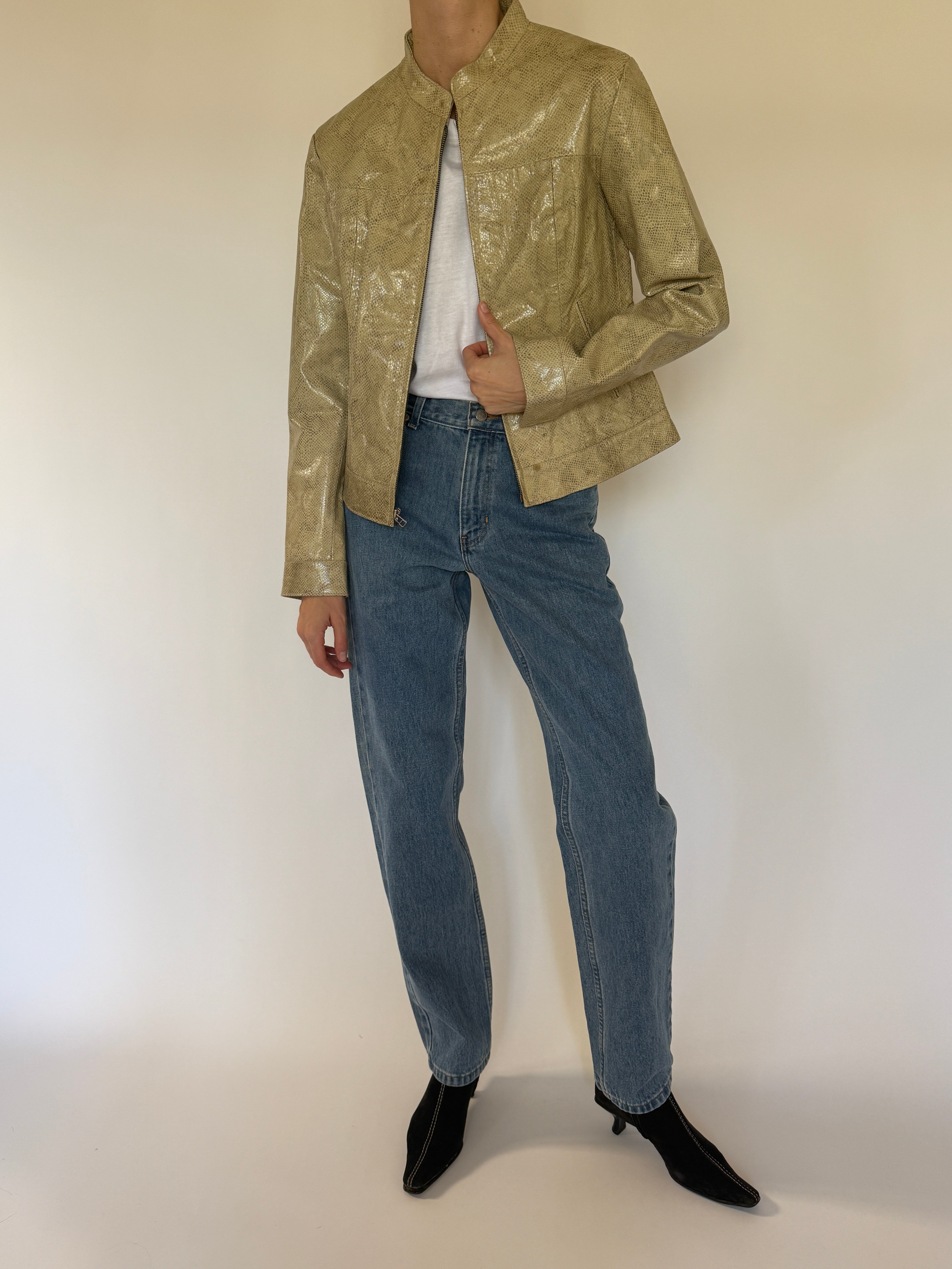 Vintage olive snake embossed leather jacket front view
