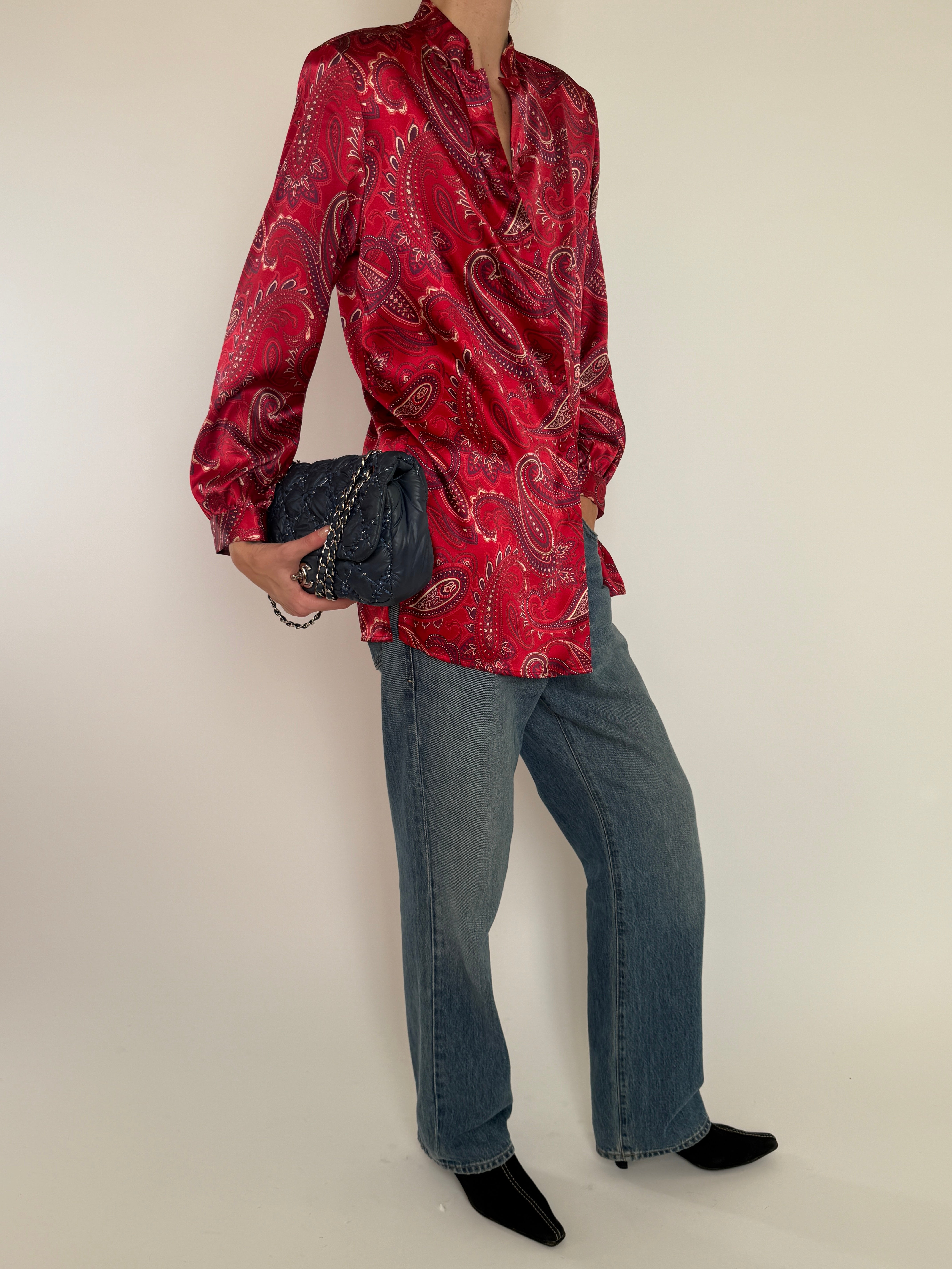 Vintage red paisley silk shirt with relaxed silhouette side view