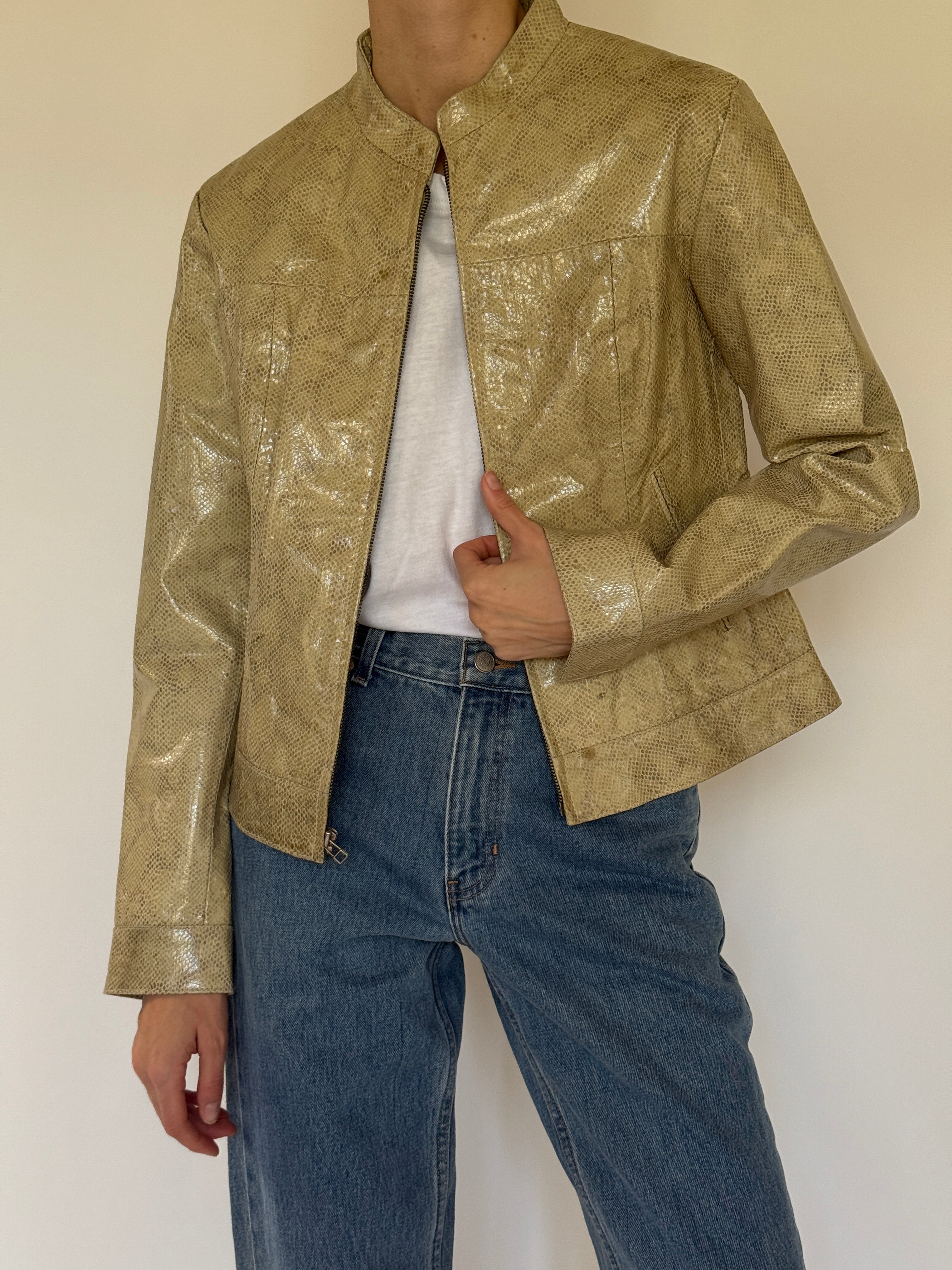 Vintage olive snake embossed leather jacket collar detail