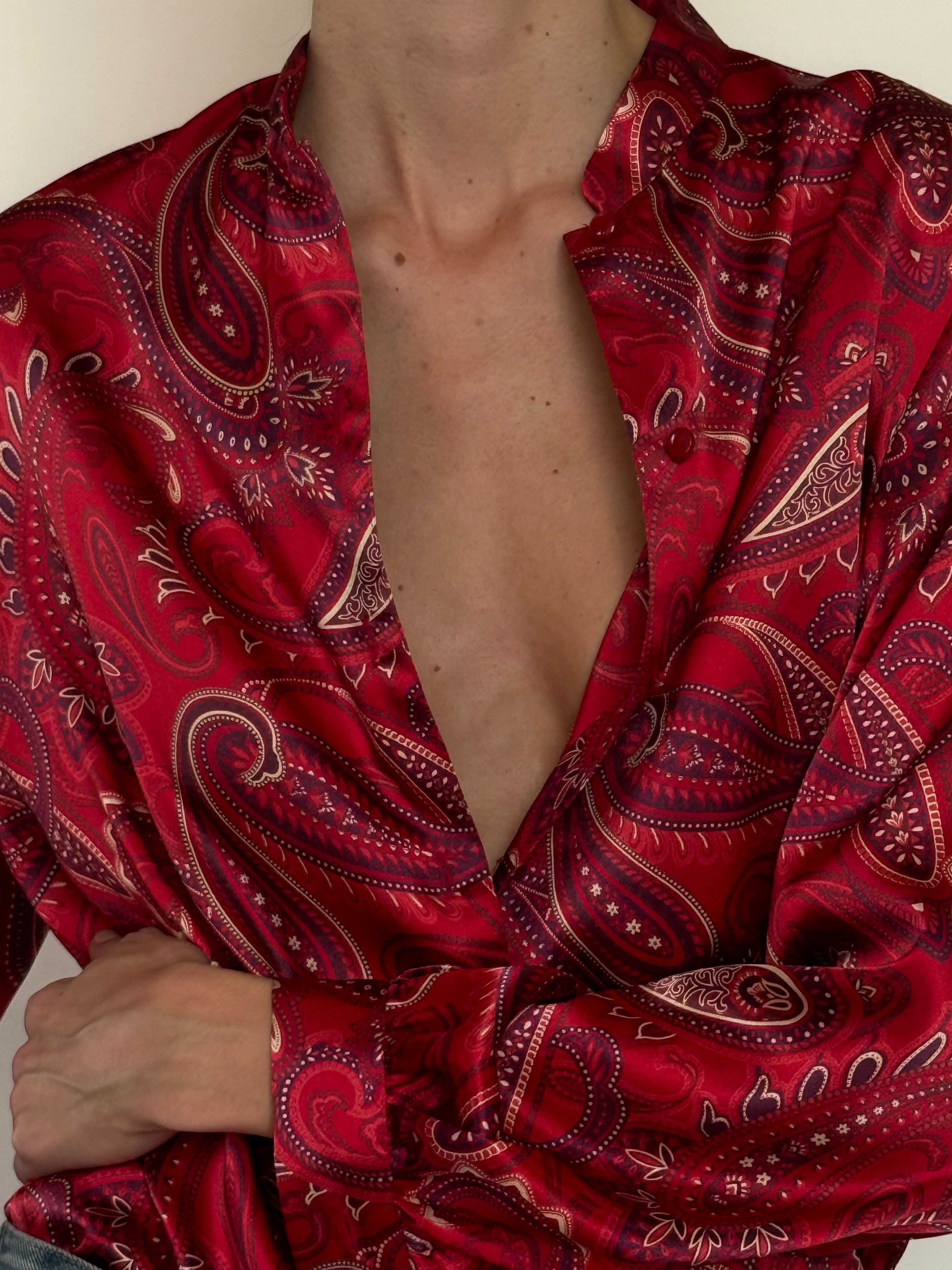 Vintage red paisley silk blouse with long sleeves