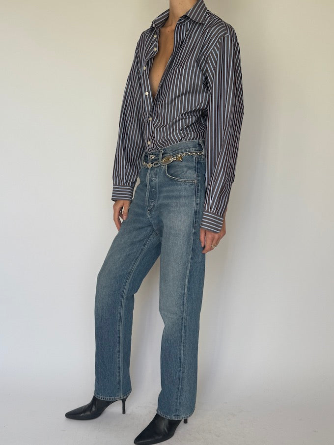 Vintage Oversized Stripe Shirt in Brown & Blue