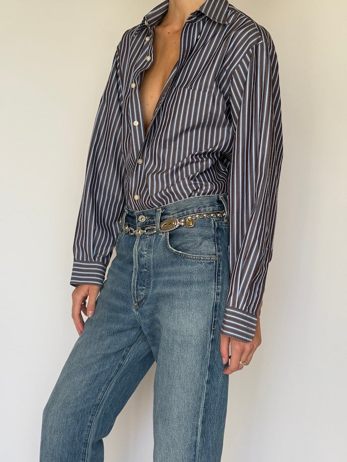 Vintage Oversized Stripe Shirt in Brown & Blue