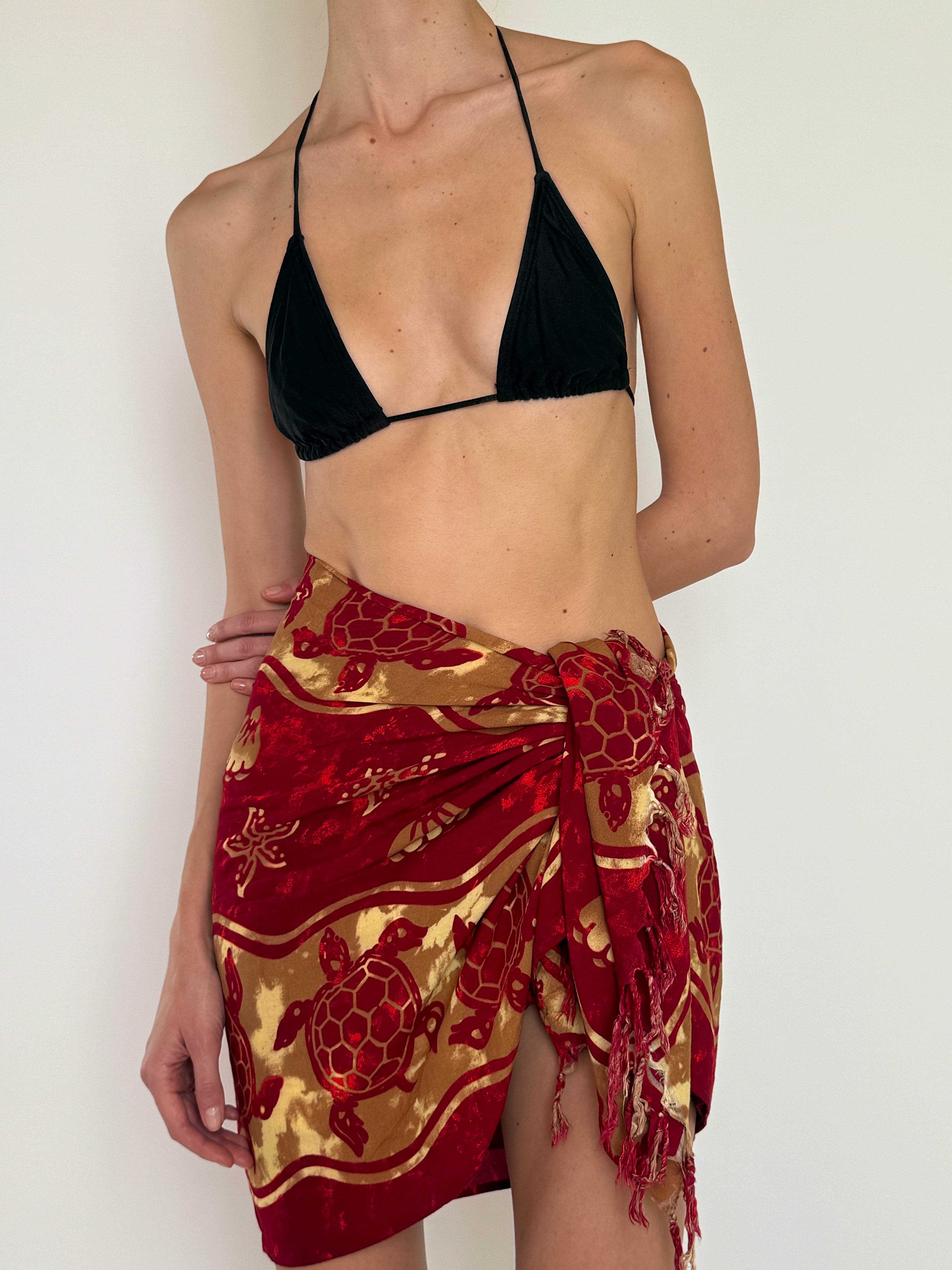 Vintage red turtle print wrap sarong side view