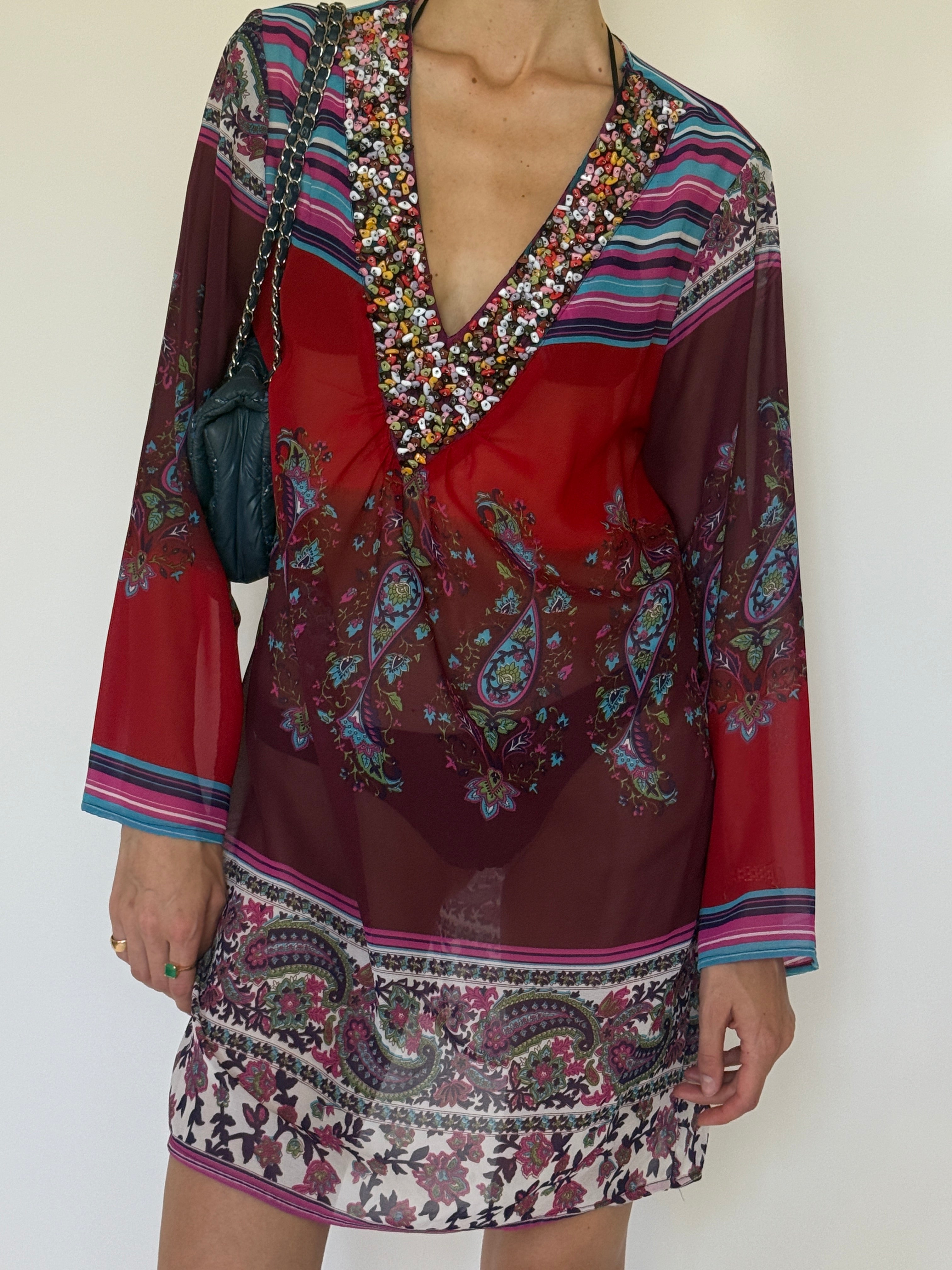 Vintage beaded paisley tunic swim cover-up front view.