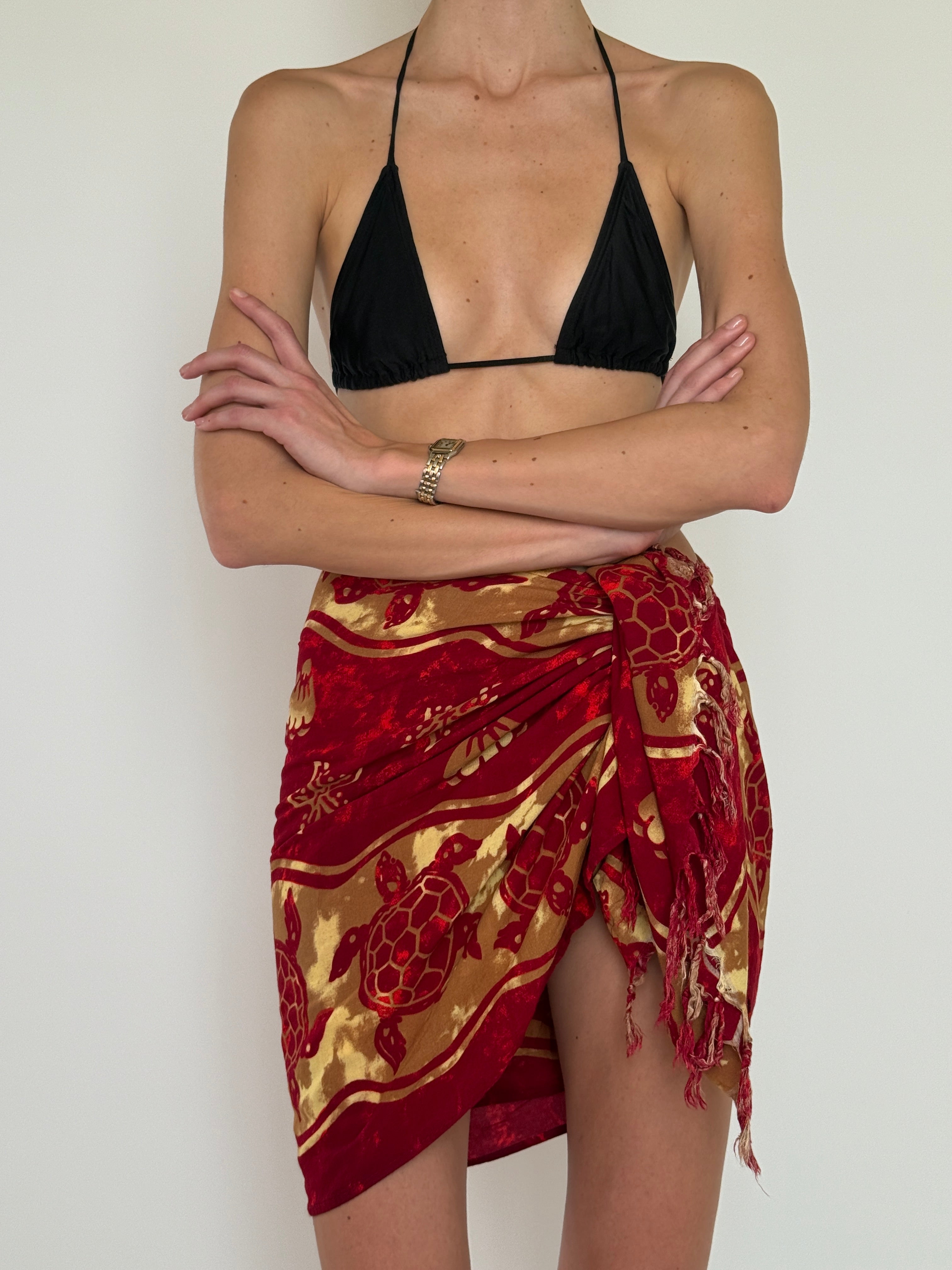 Vintage red turtle print wrap sarong tie detail