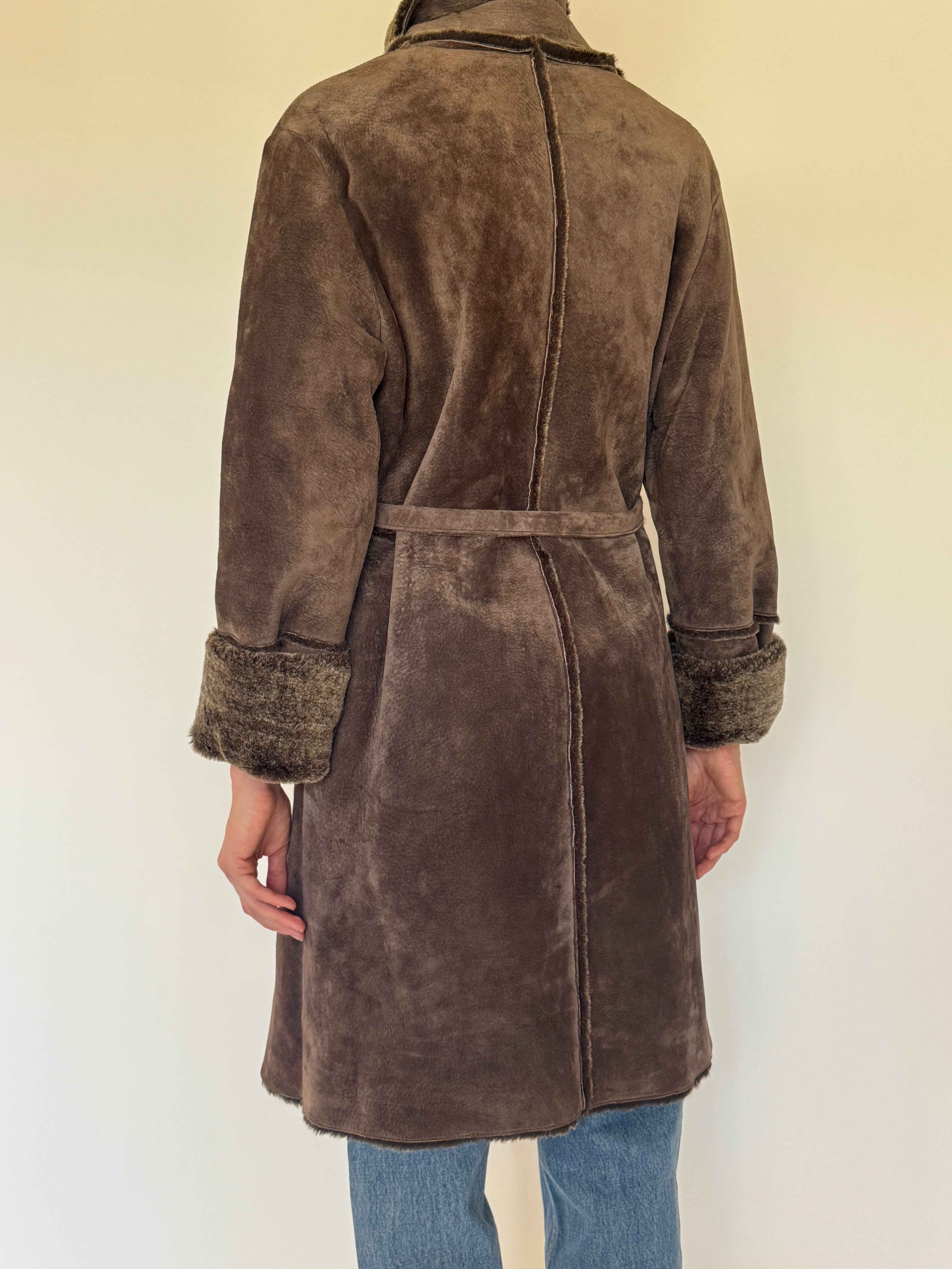 Vintage brown leather coat faux fur lining back view