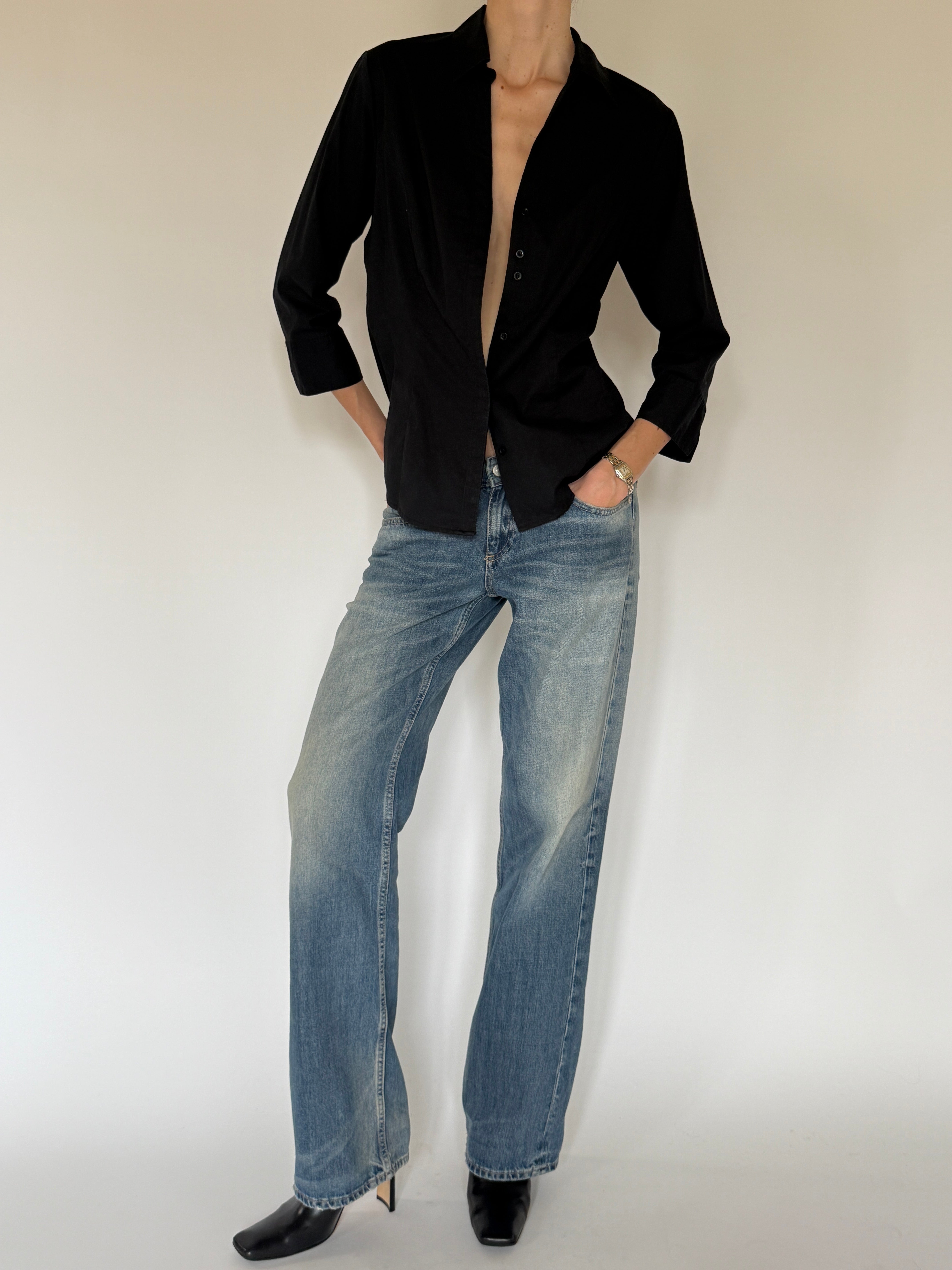Vintage black classic button-up shirt front view