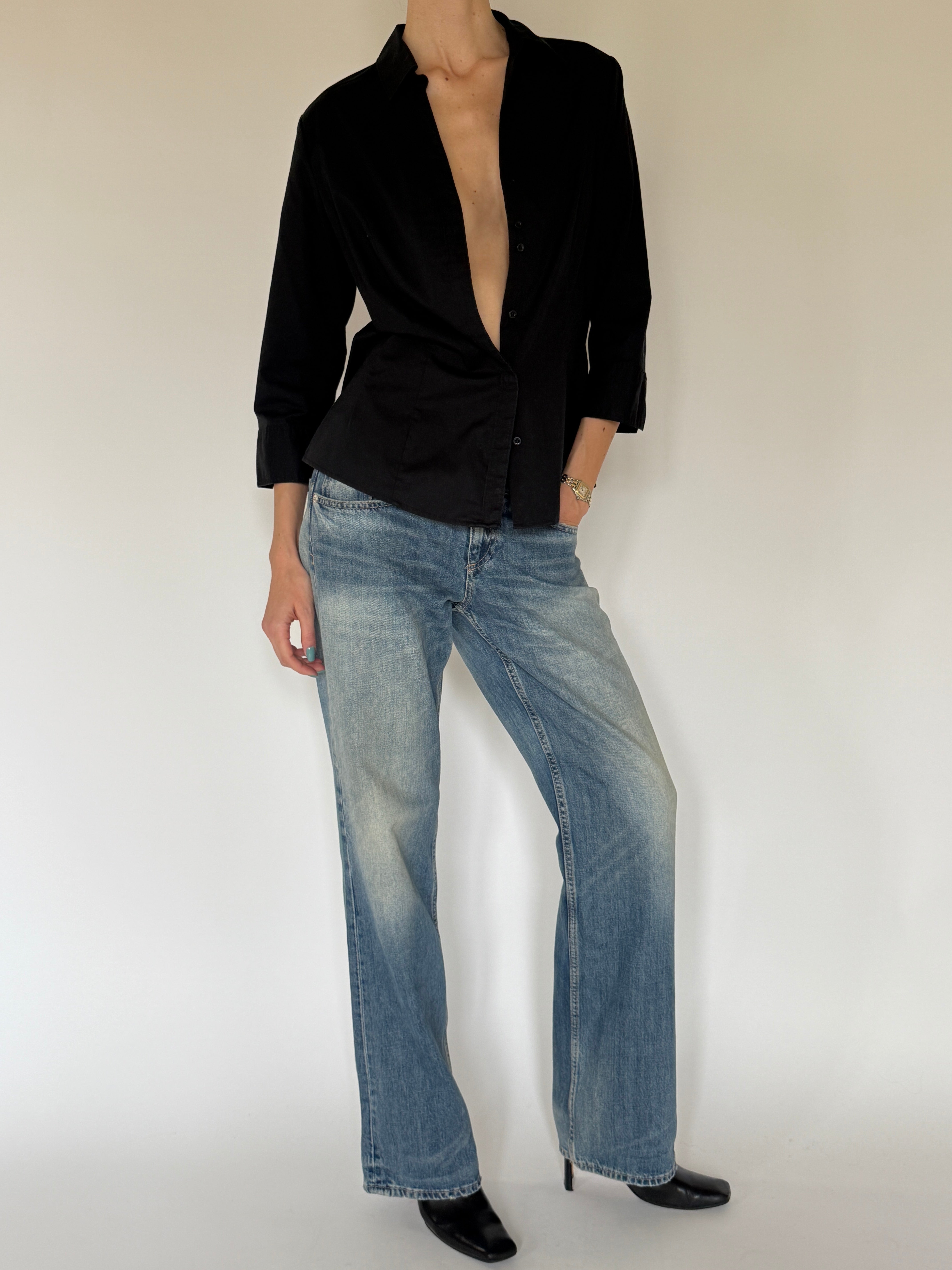 Vintage black classic button-up shirt front view