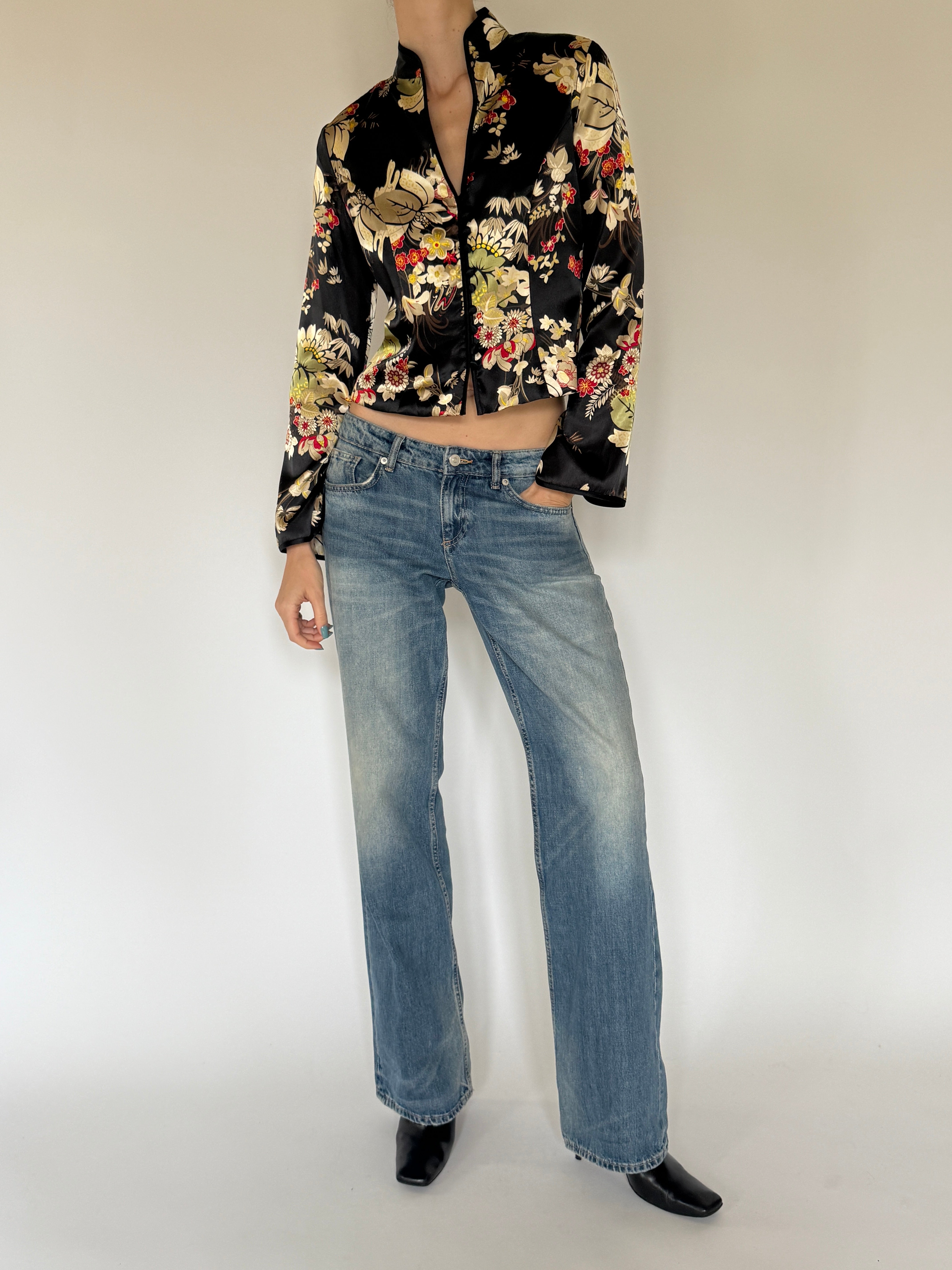 Vintage fitted floral satin jacket styled with denim