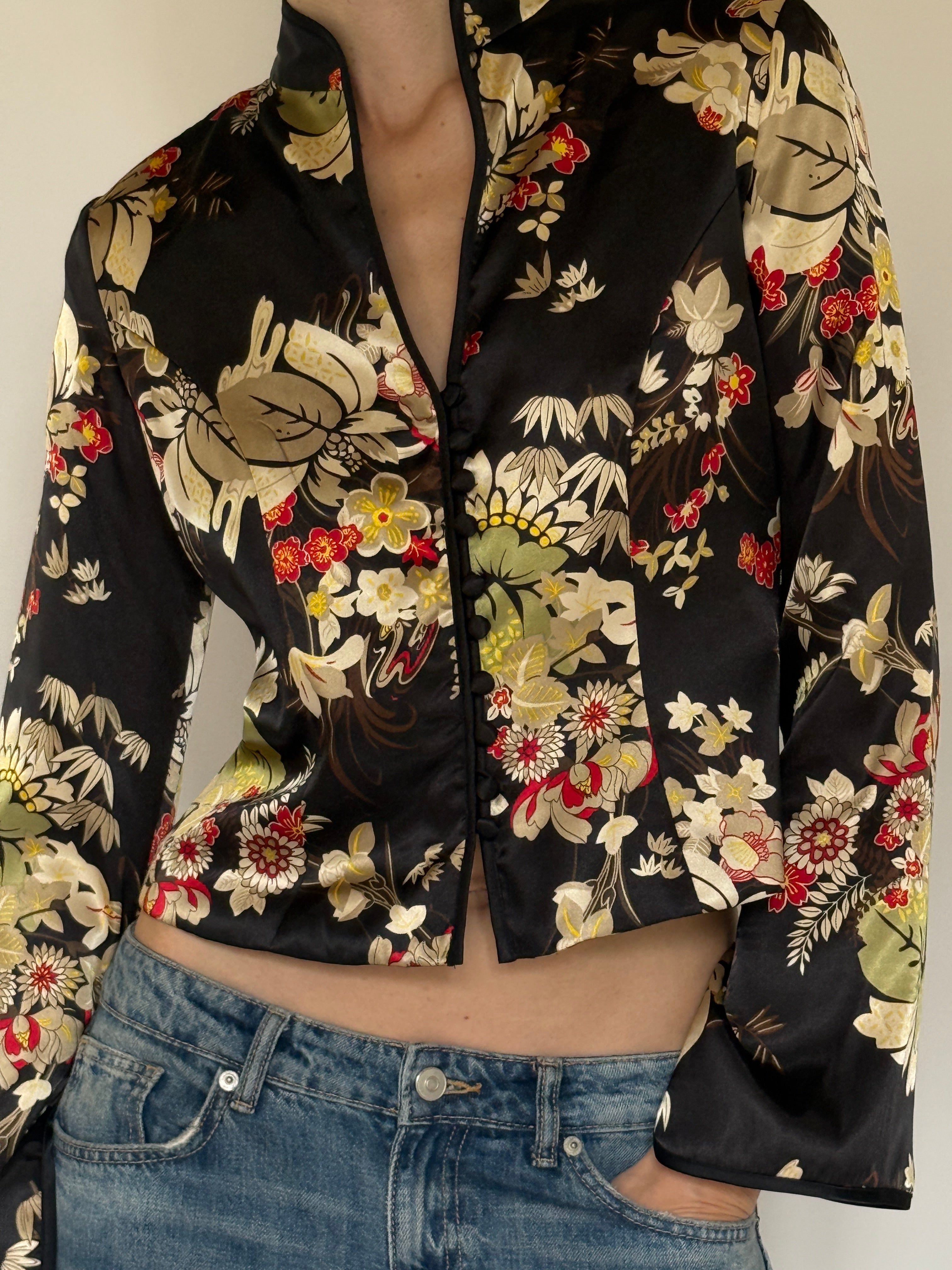 Vintage Chinese-inspired black floral satin jacket front view