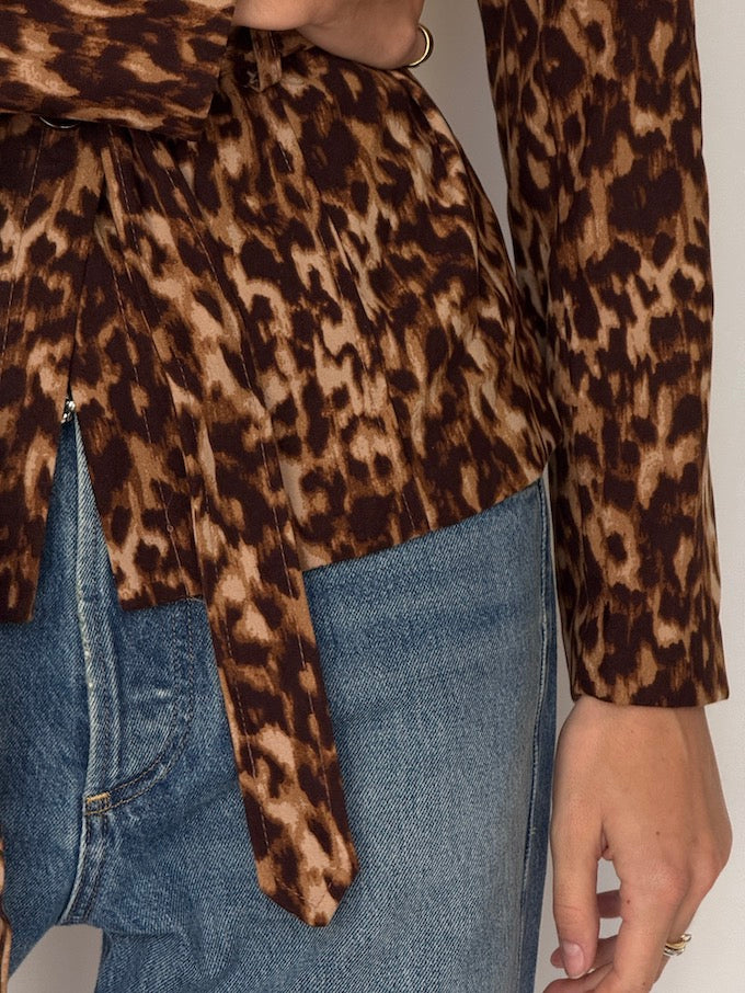 Vintage Leopard Print Belted Blazer Brown 6627