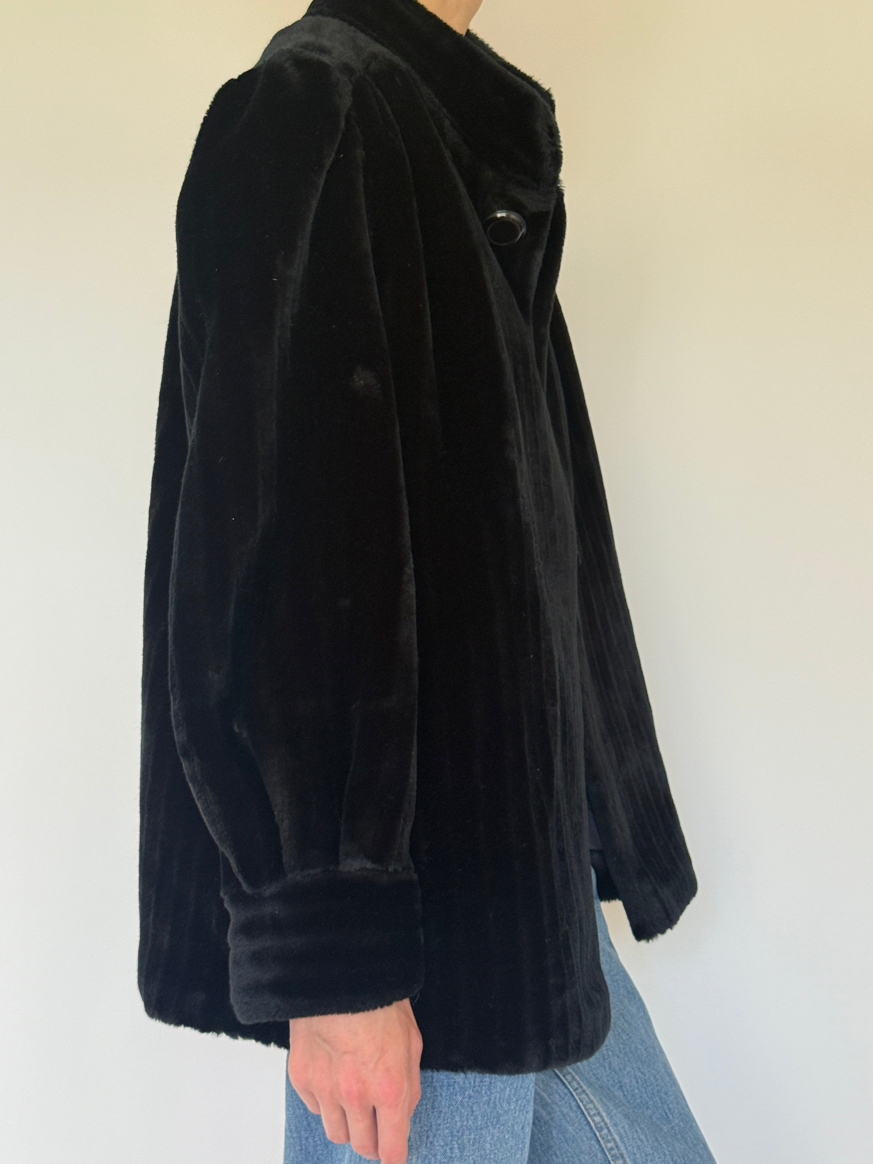 Vintage black faux fur coat side view