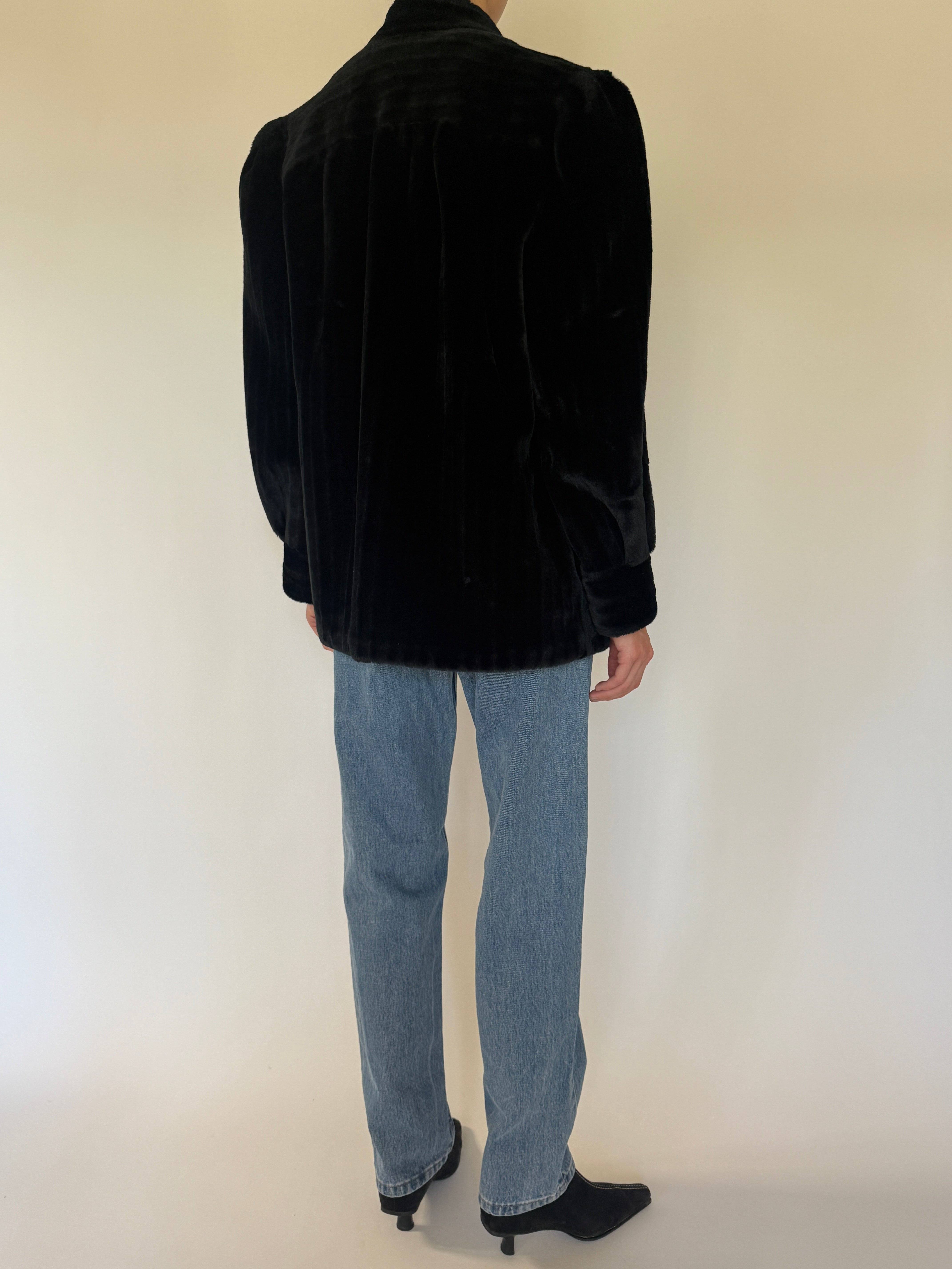 Vintage black faux fur coat back view
