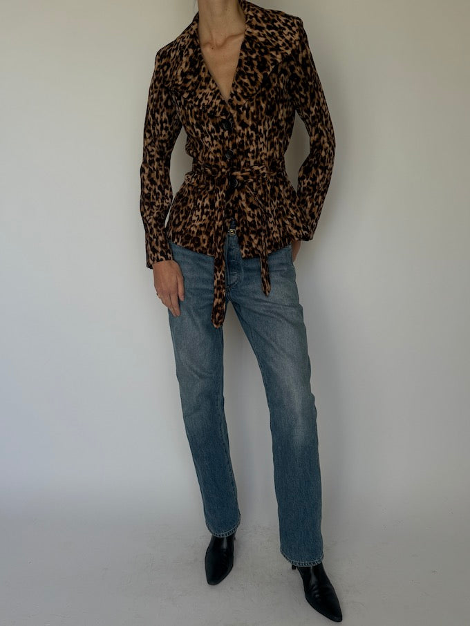 Vintage Leopard Print Belted Blazer Brown 6627