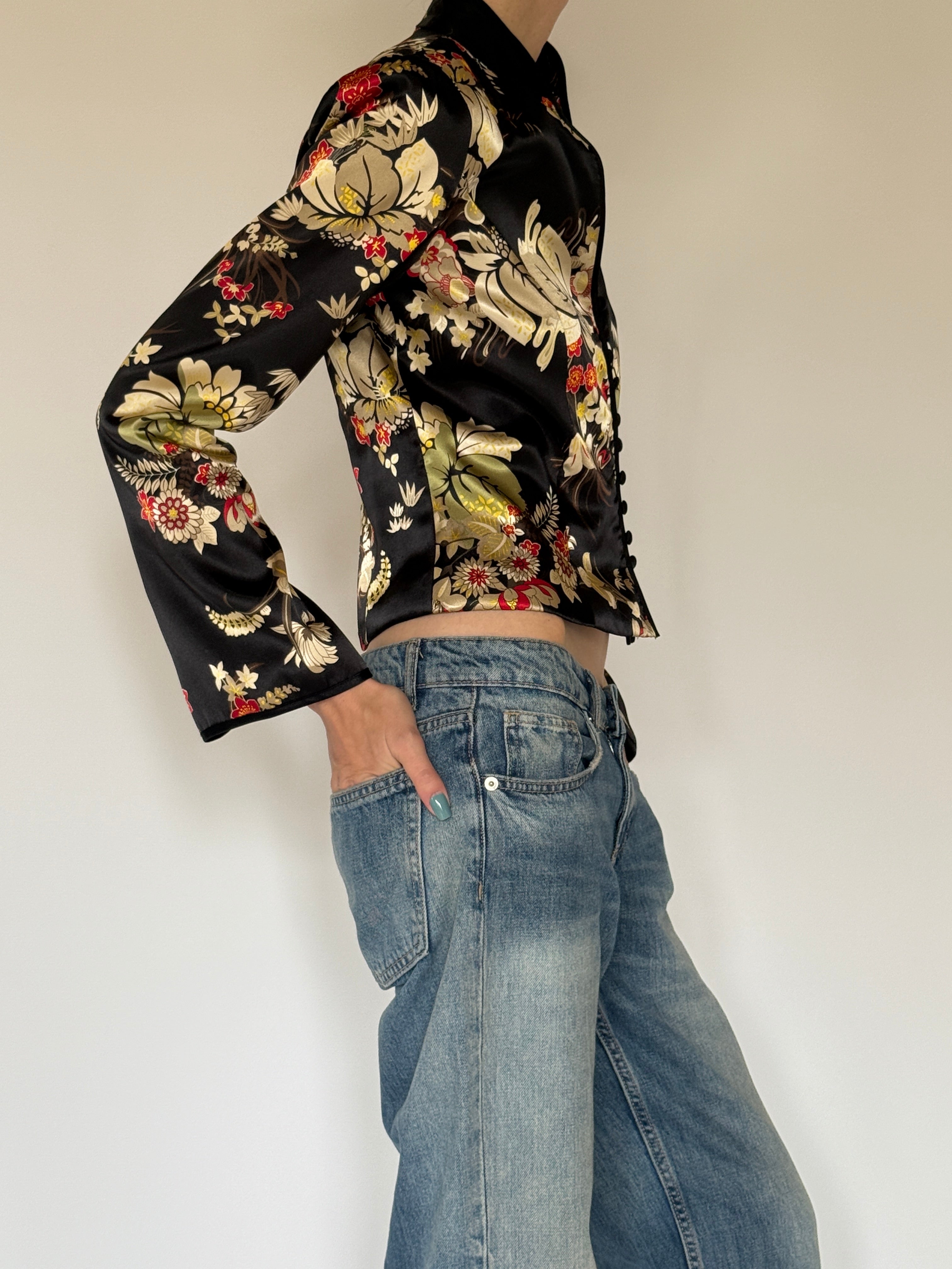 Vintage black floral satin jacket side view