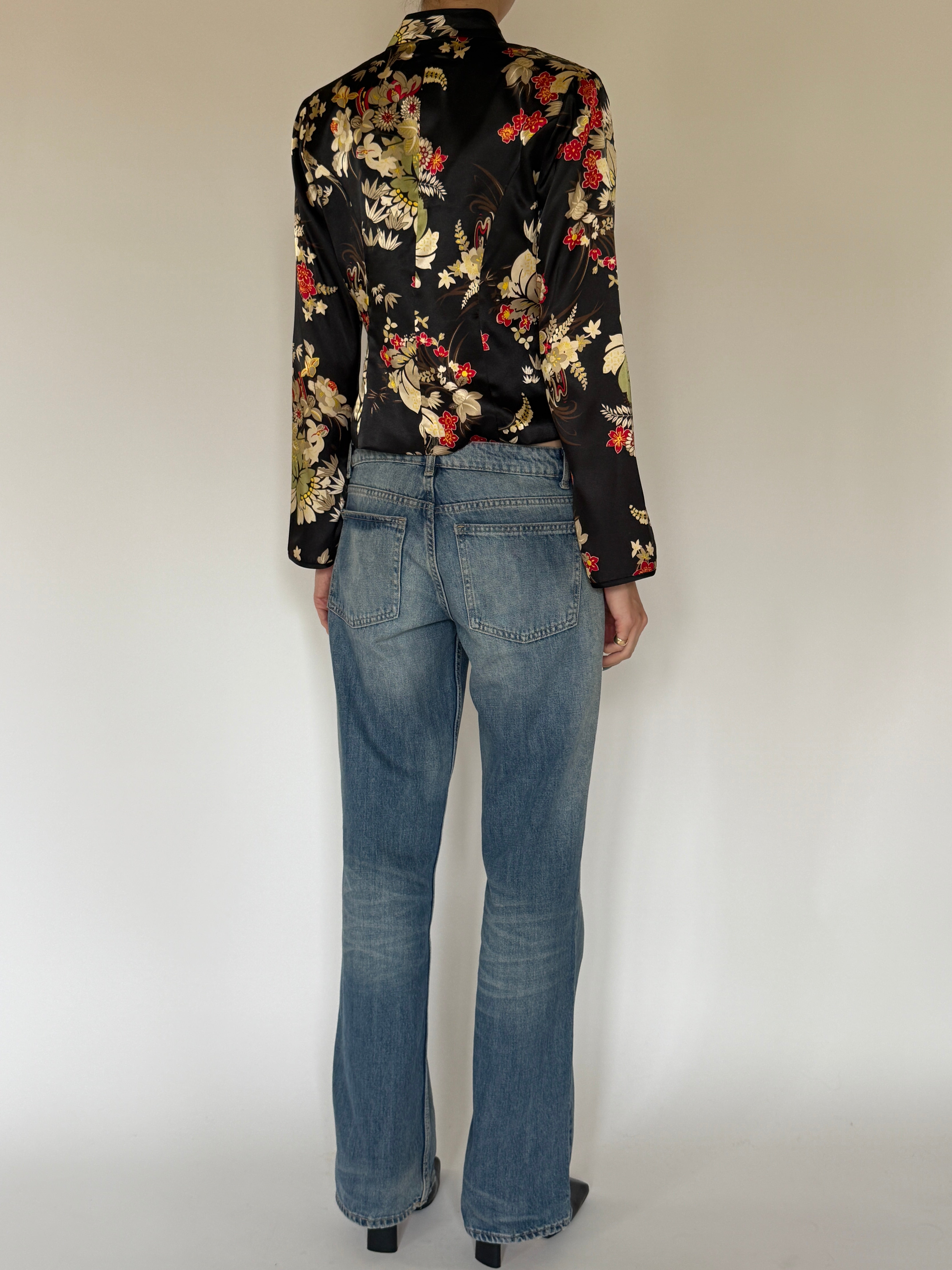 Vintage Chinese-inspired black floral satin jacket back view