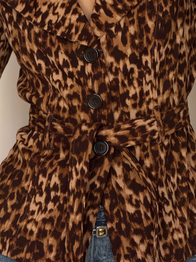 Vintage Leopard Print Belted Blazer Brown 6627
