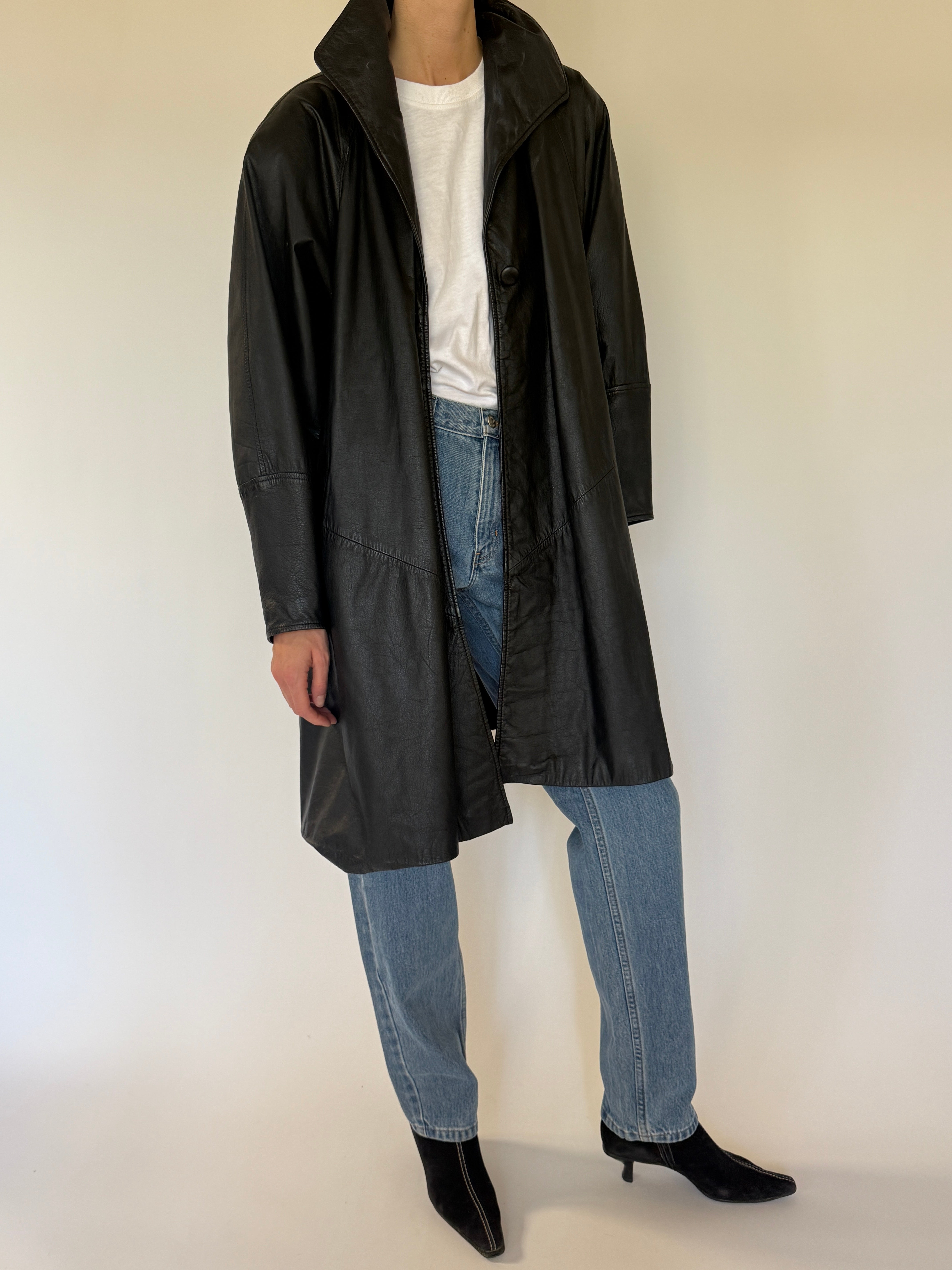 Vintage black leather coat front view