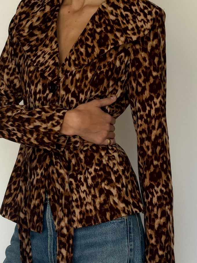 Vintage Leopard Print Belted Blazer Brown 6627