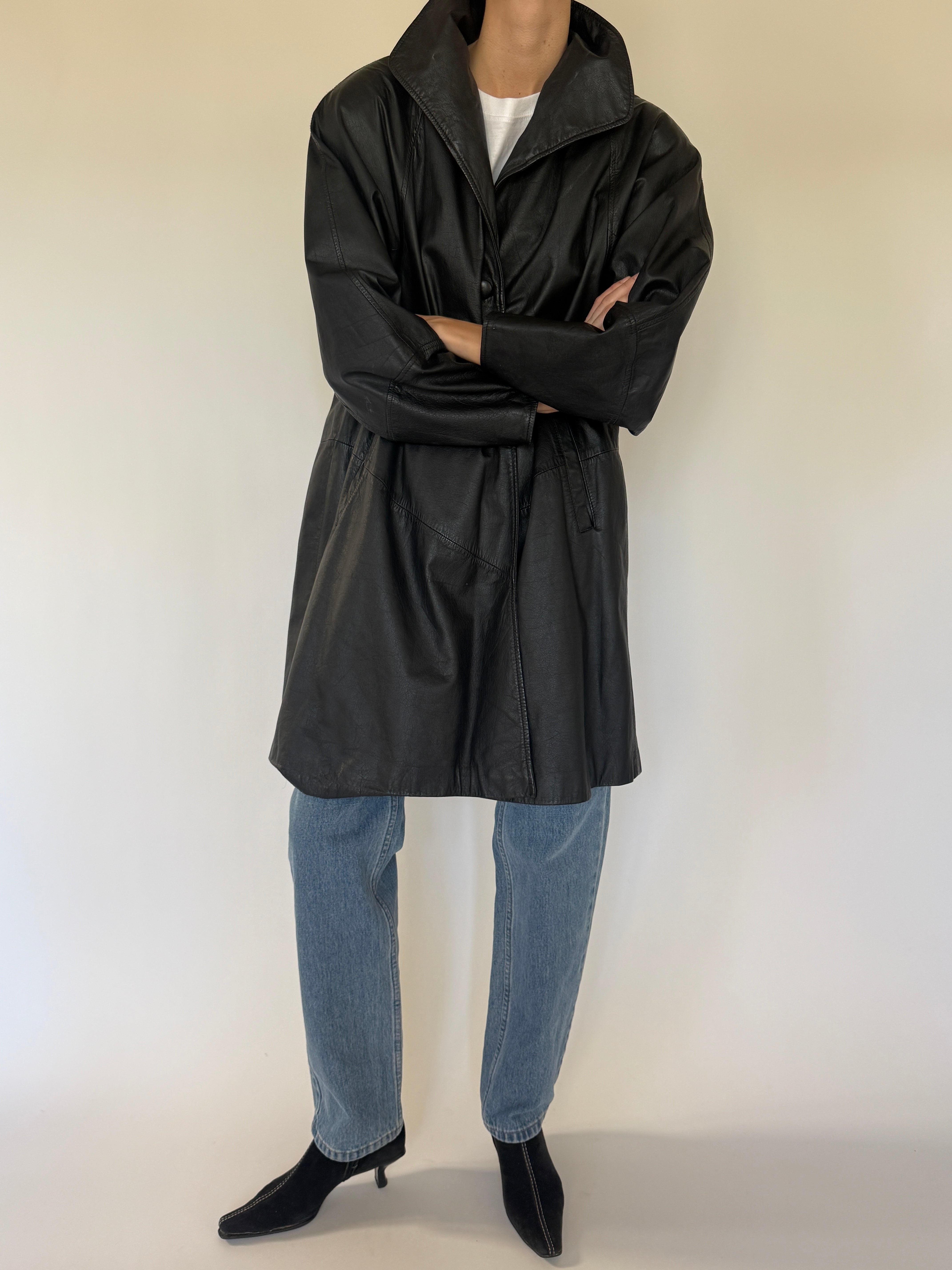 Vintage black leather coat front view
