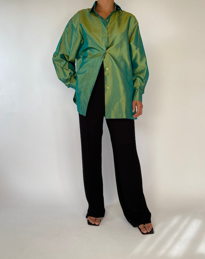 VINTAGE GREEN SHIMMERY BUTTON DOWN BLOUSE/SHIRT 2331